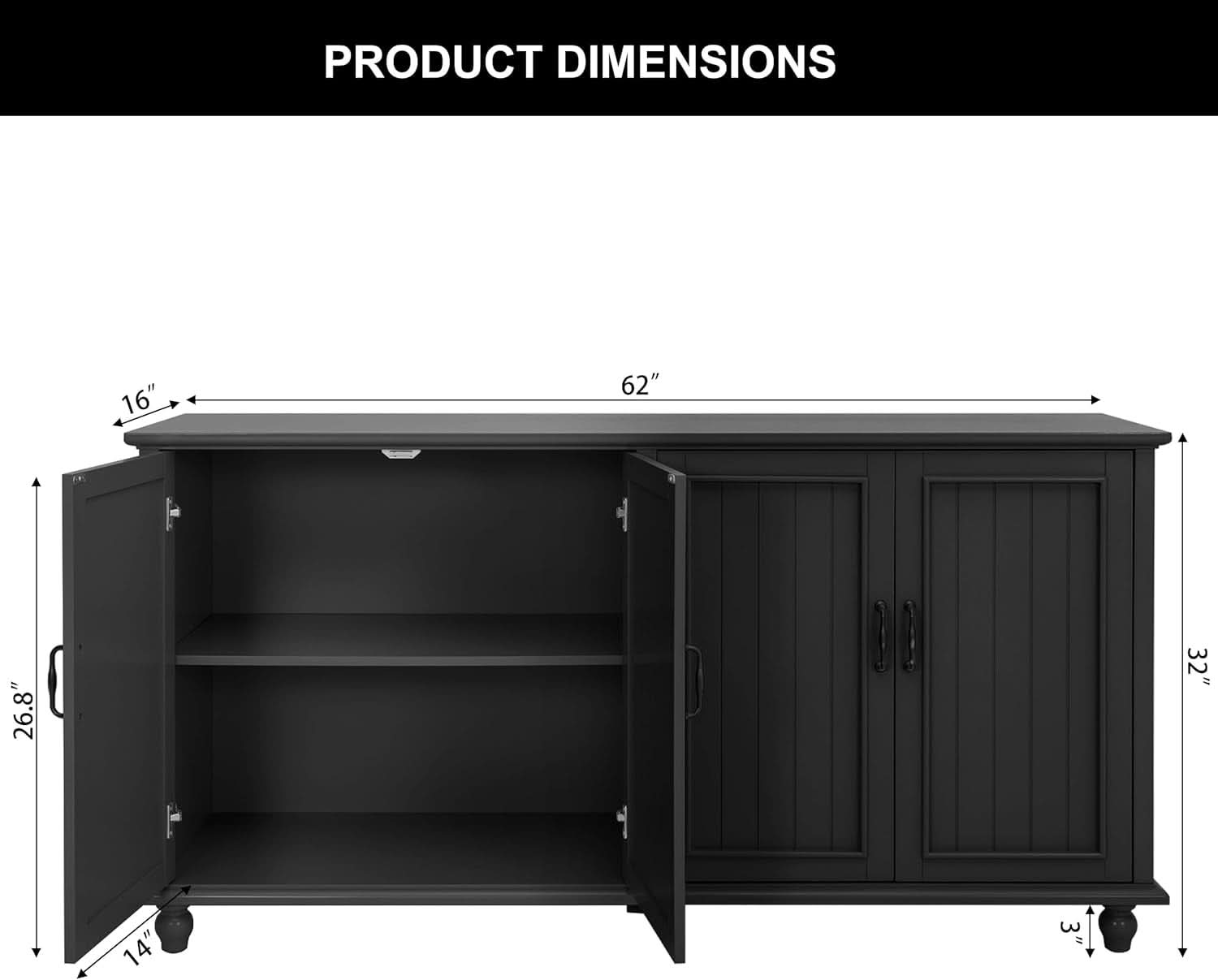 Black 62 Inch Coffee Bar Cabinet Four Doors Storage