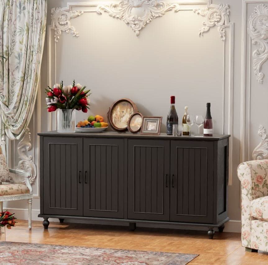 Black 62 Inch Coffee Bar Cabinet Four Doors Storage