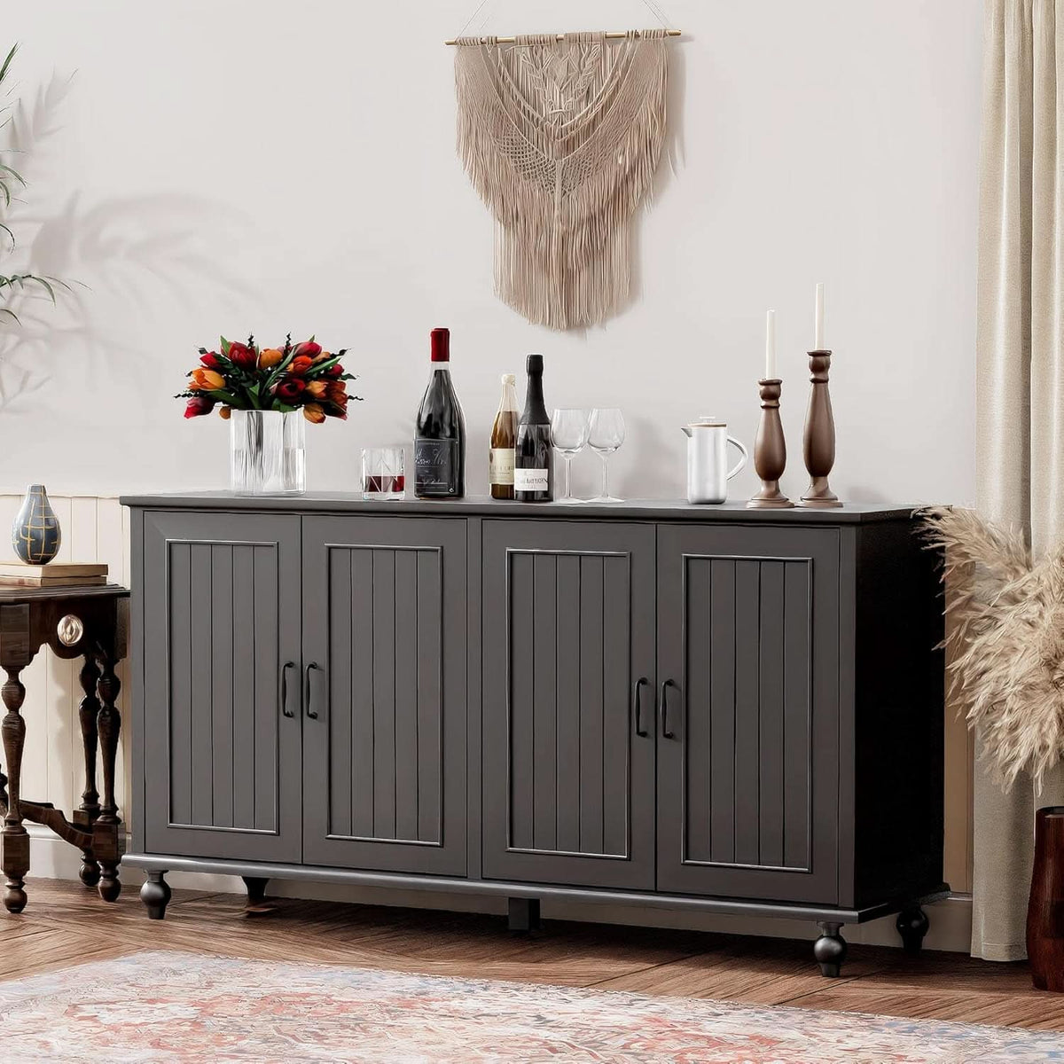 Black 62 Inch Coffee Bar Cabinet Four Doors Storage