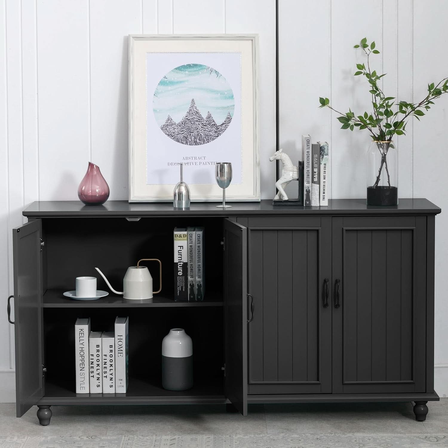 Black 62 Inch Coffee Bar Cabinet Four Doors Storage
