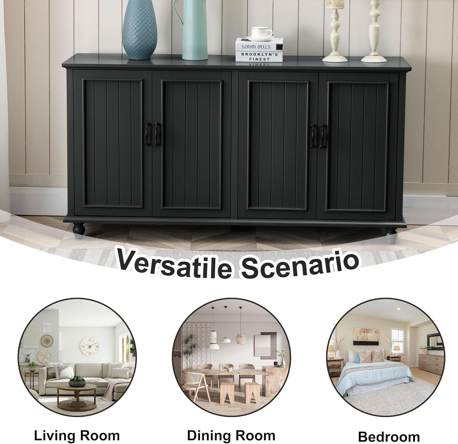Black 62 Inch Coffee Bar Cabinet Four Doors Storage