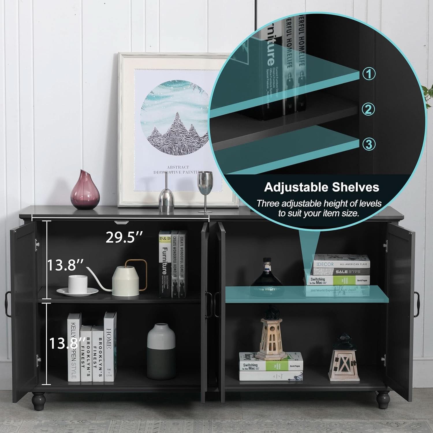 Black 62 Inch Coffee Bar Cabinet Four Doors Storage