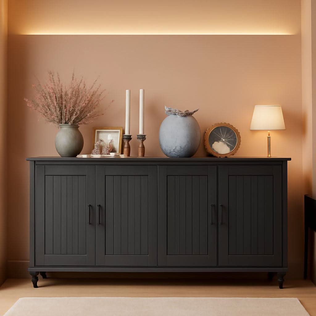 Black 62 Inch Coffee Bar Cabinet Four Doors Storage