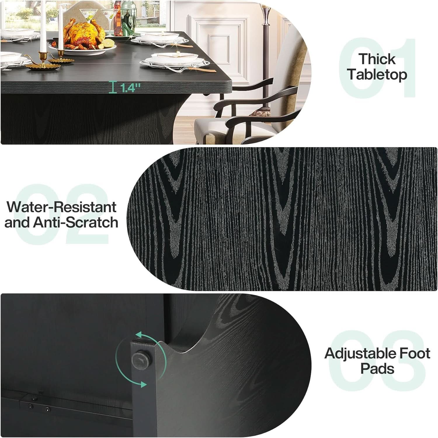 Black 63 Inch Rectangular Modern Dining Table For 4 To 6