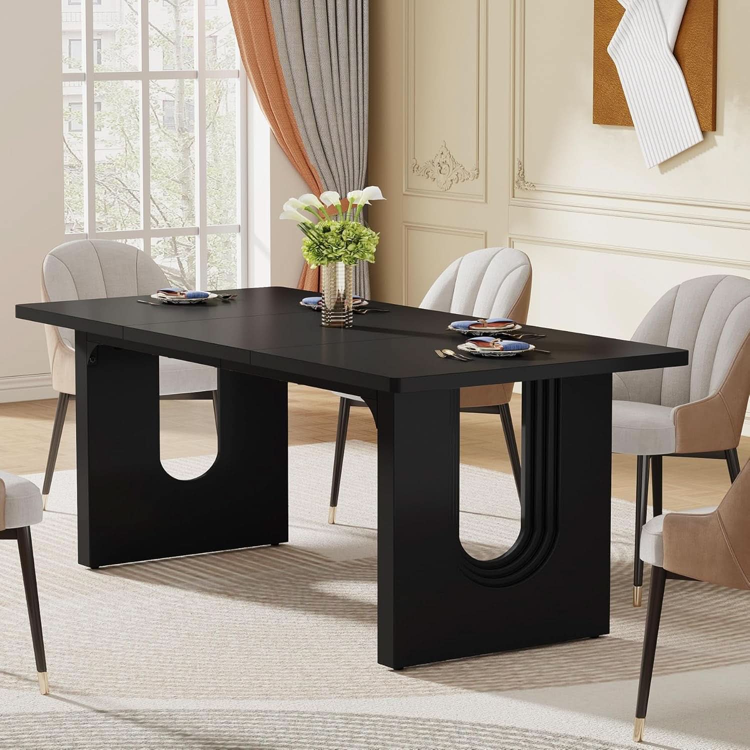 Black 71 Inch Dining Table For Six With Wood Pedestal
