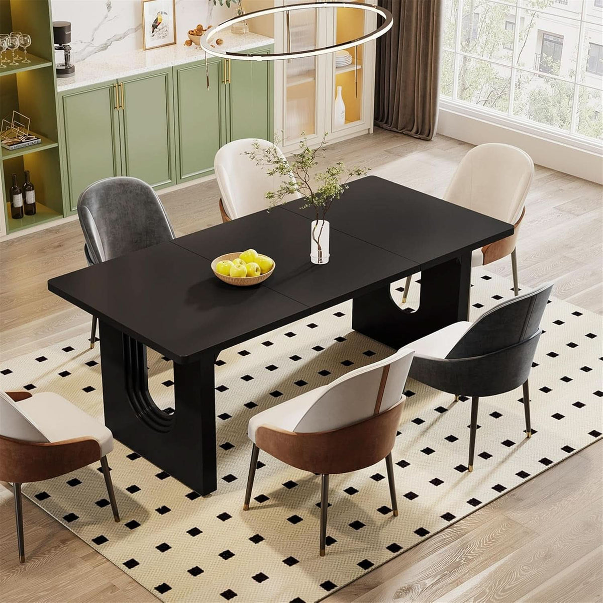 Black 71 Inch Dining Table For Six With Wood Pedestal