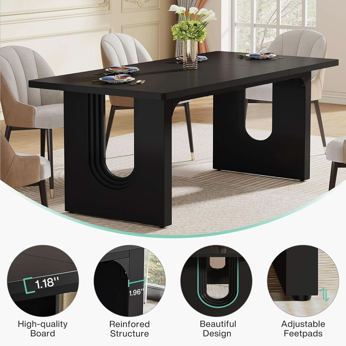 Black 71 Inch Dining Table For Six With Wood Pedestal