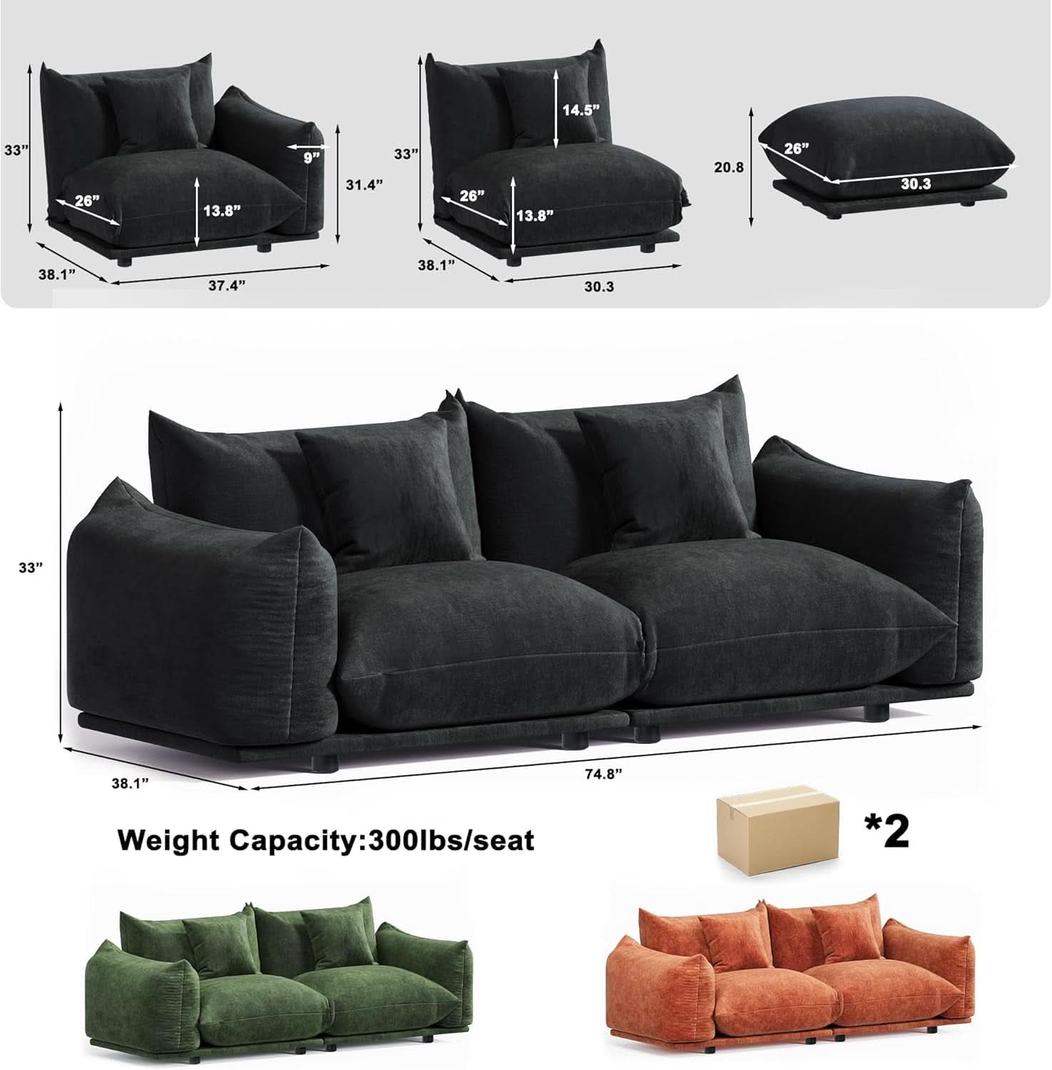 Black 75 Inch Modular Sectional Sofa For Small Rooms