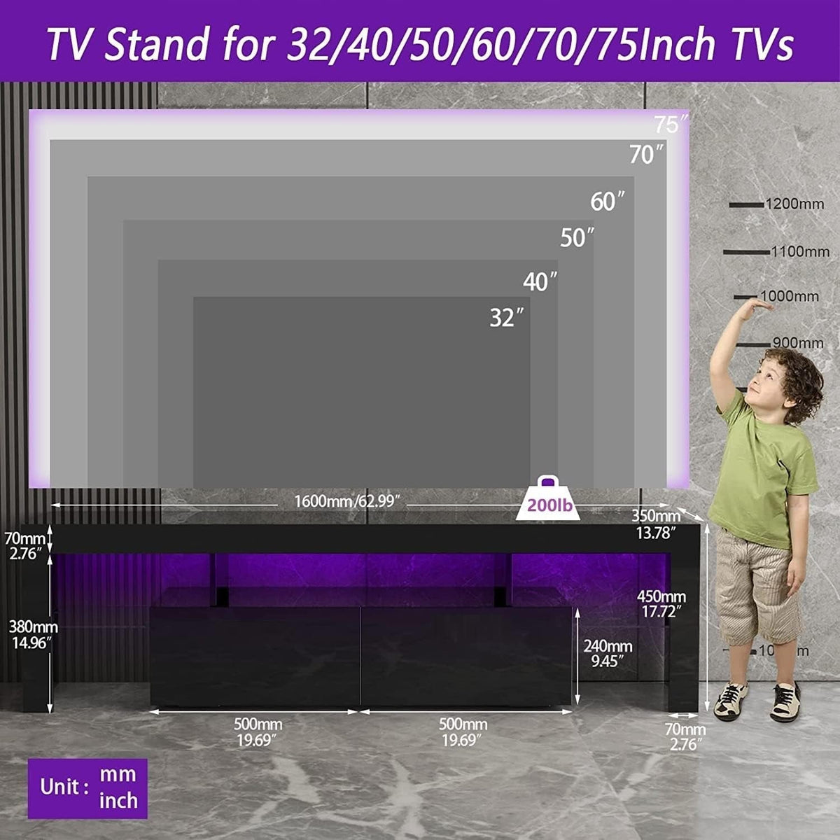 Black 75 Inch TV Stand With LED Lights And Large Drawers