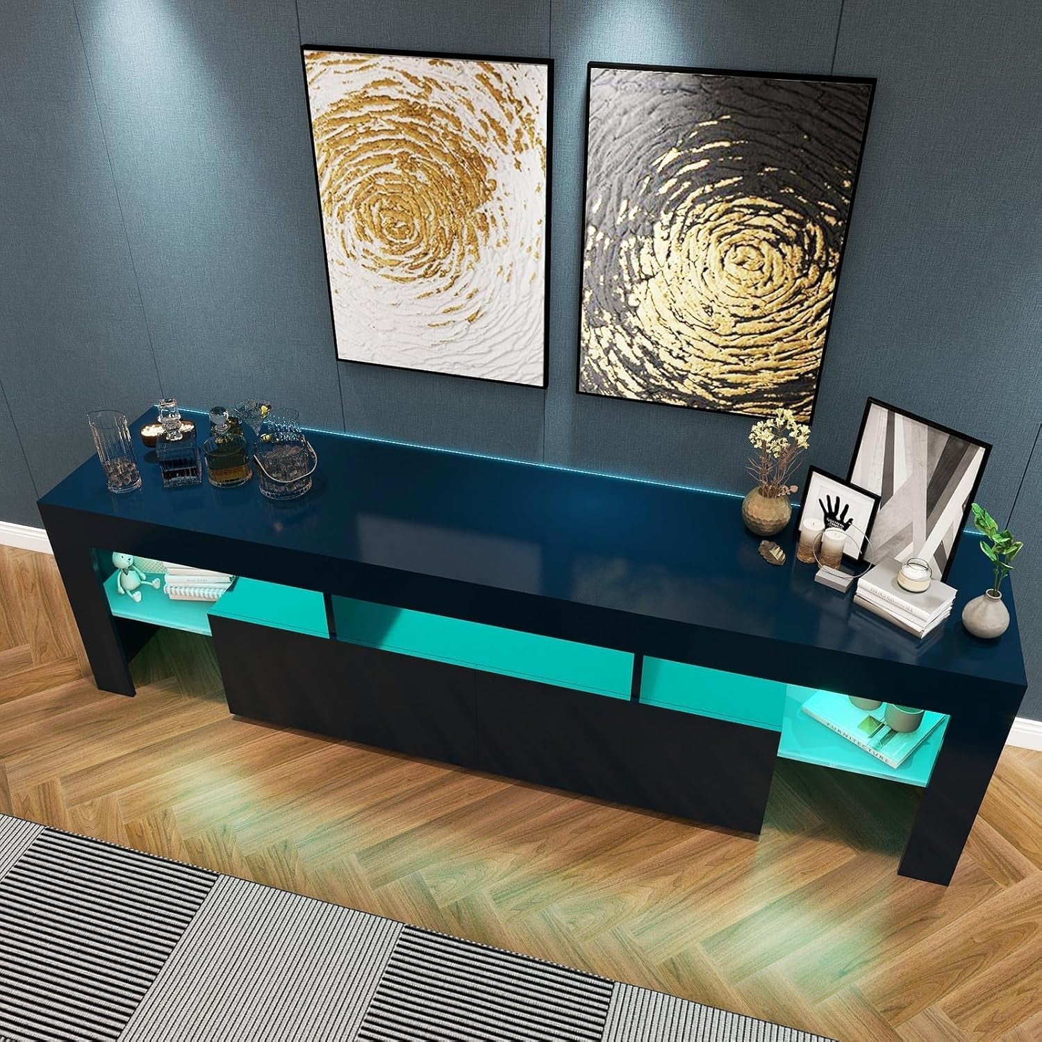 Black 75 Inch TV Stand With LED Lights And Large Drawers