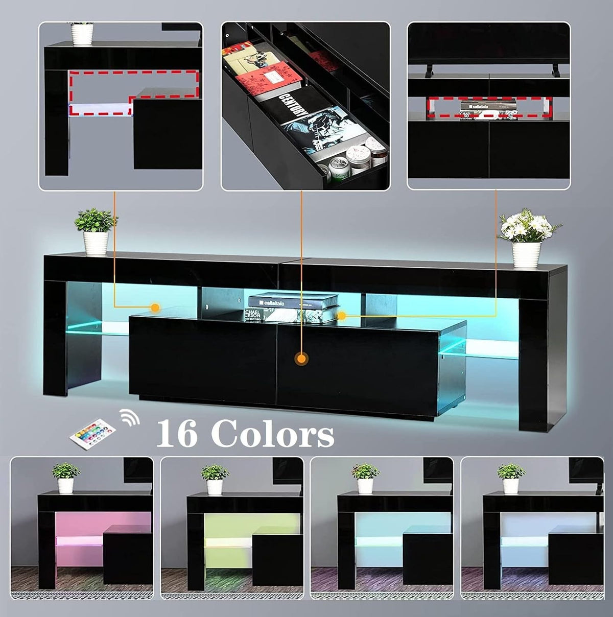 Black 75 Inch TV Stand With LED Lights And Large Drawers
