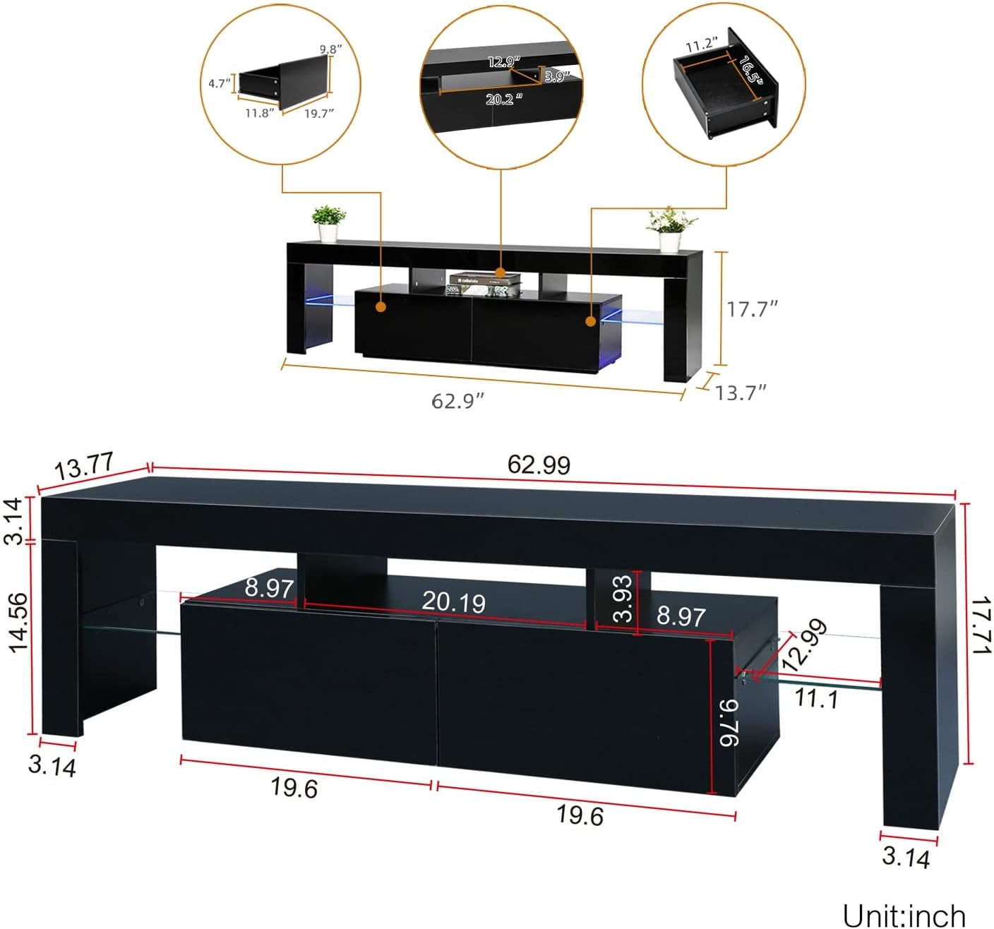 Black 75 Inch TV Stand With LED Lights And Large Drawers