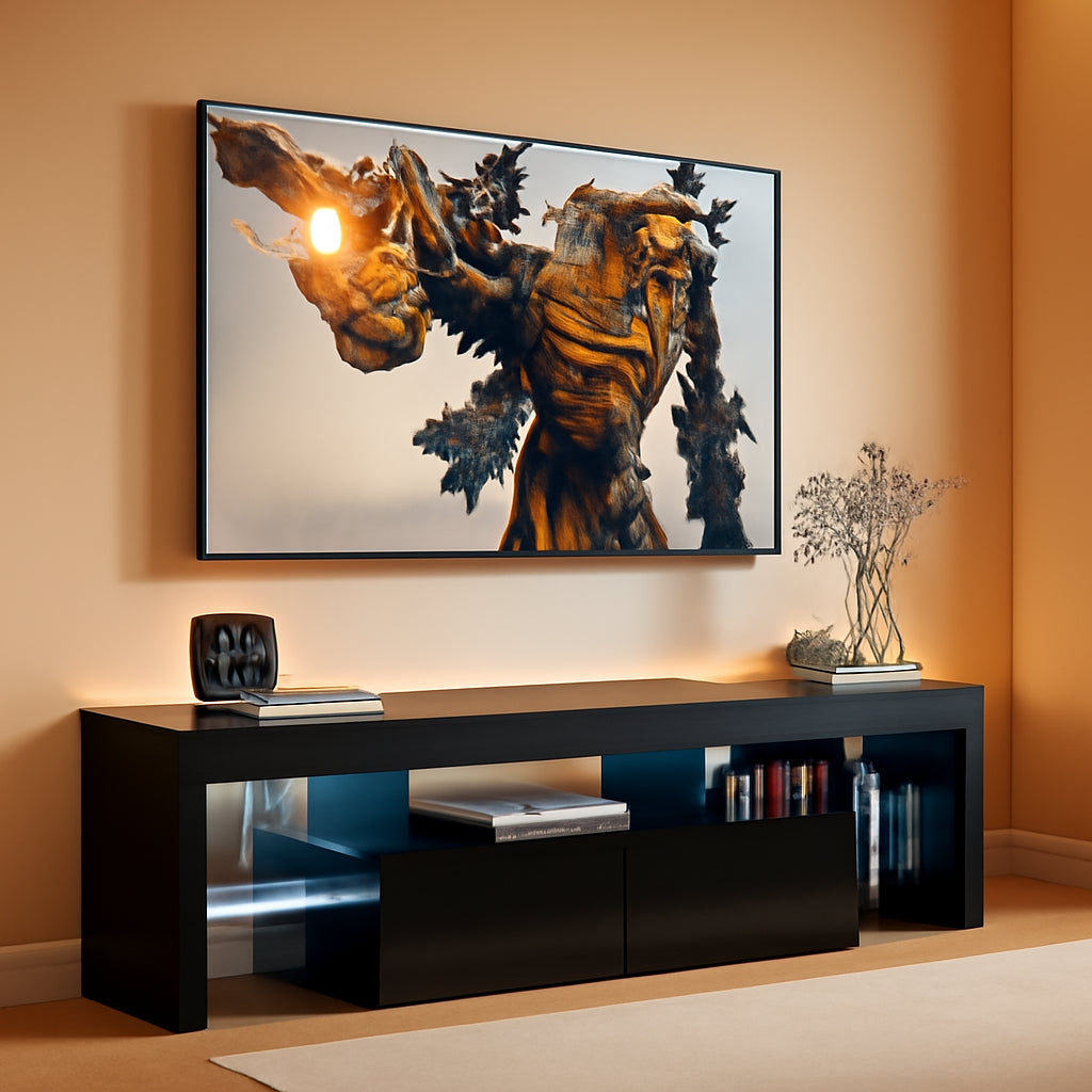 Black 75 Inch TV Stand With LED Lights And Large Drawers