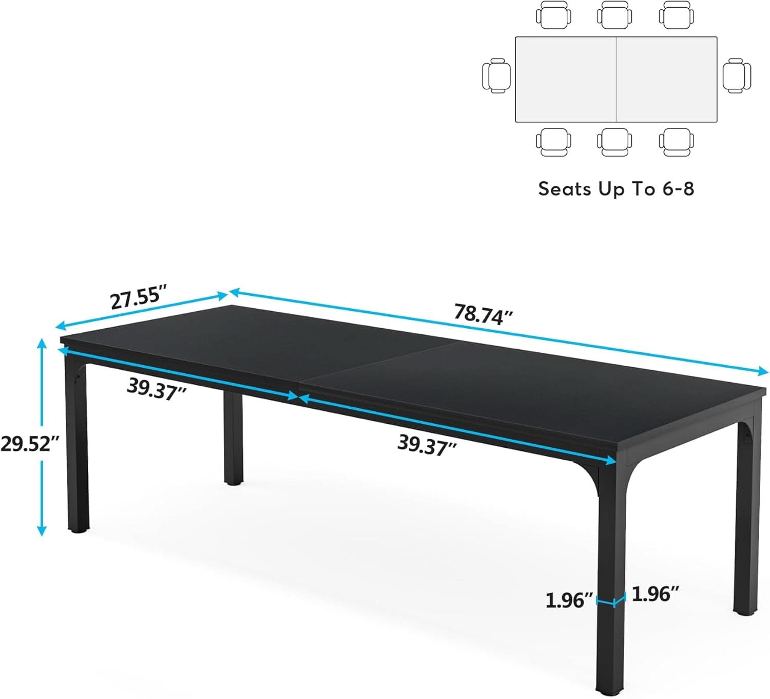 Black 78 Inch Rectangle Dining Table For 6 To 8 People