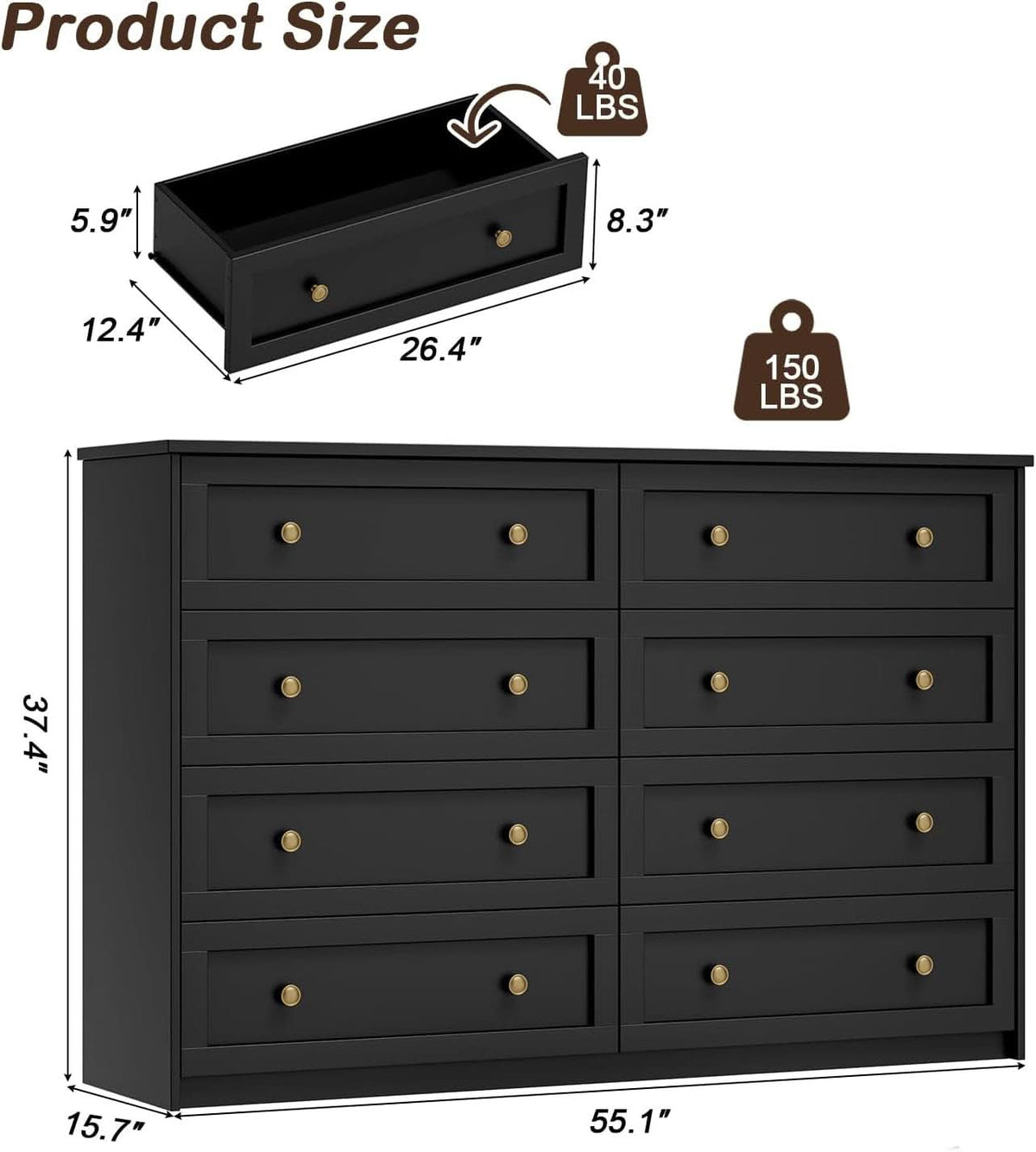 Black 8-Drawer Dresser 55-Inch Extra-Large Storage Unit