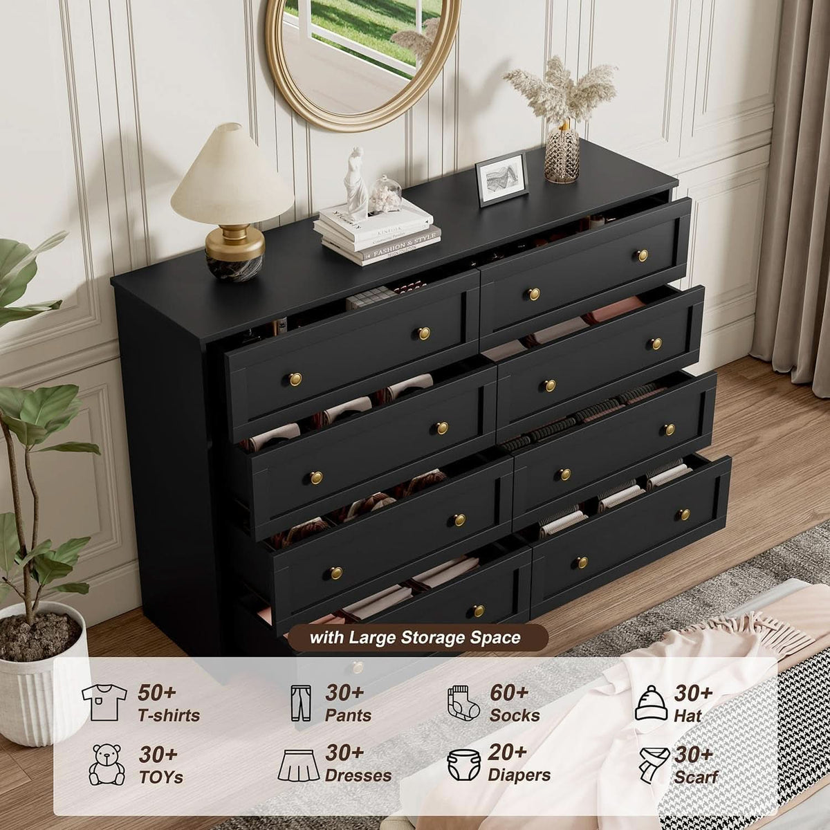 Black 8-Drawer Dresser 55-Inch Extra-Large Storage Unit