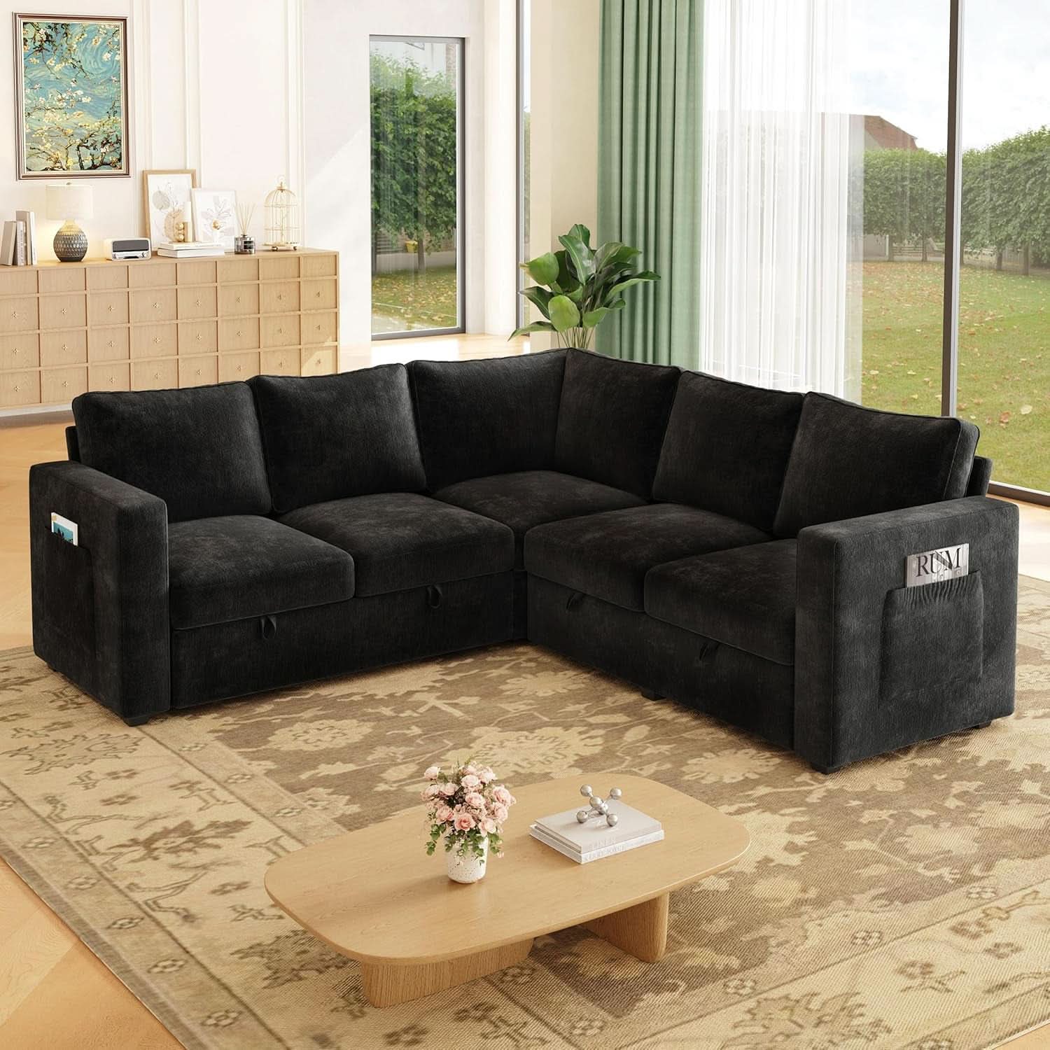 Black 83Inch Deluxe Sleeper Sectional Sofa With Storage