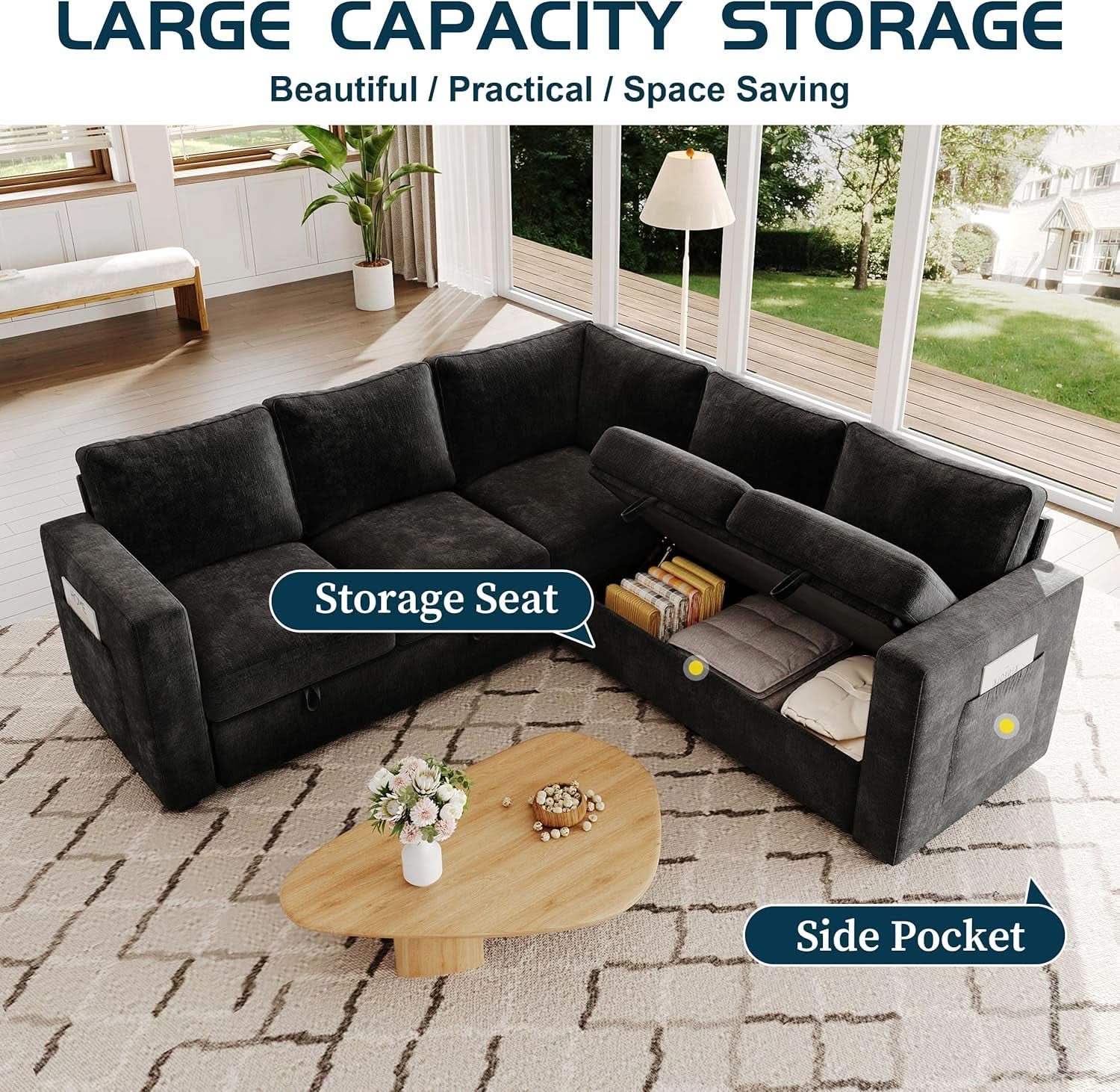 Black 83Inch Deluxe Sleeper Sectional Sofa With Storage