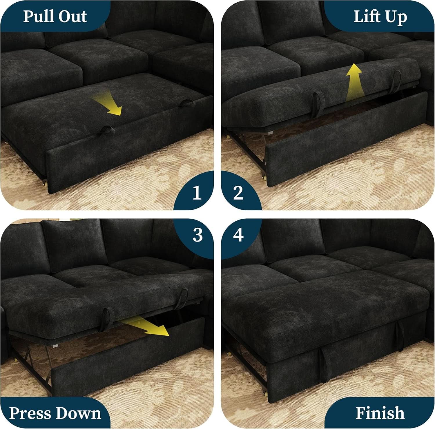 Black 83Inch Deluxe Sleeper Sectional Sofa With Storage