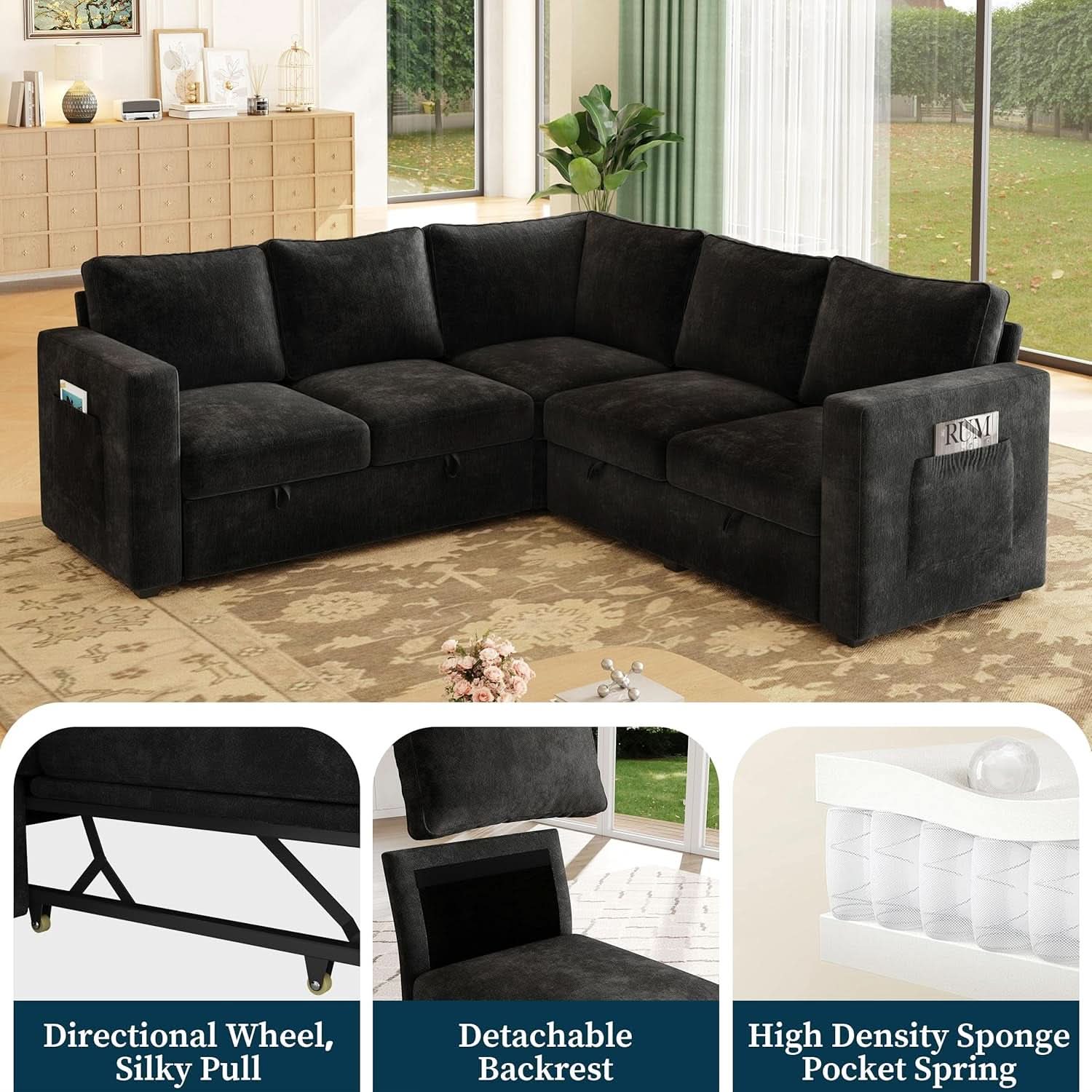 Black 83Inch Deluxe Sleeper Sectional Sofa With Storage