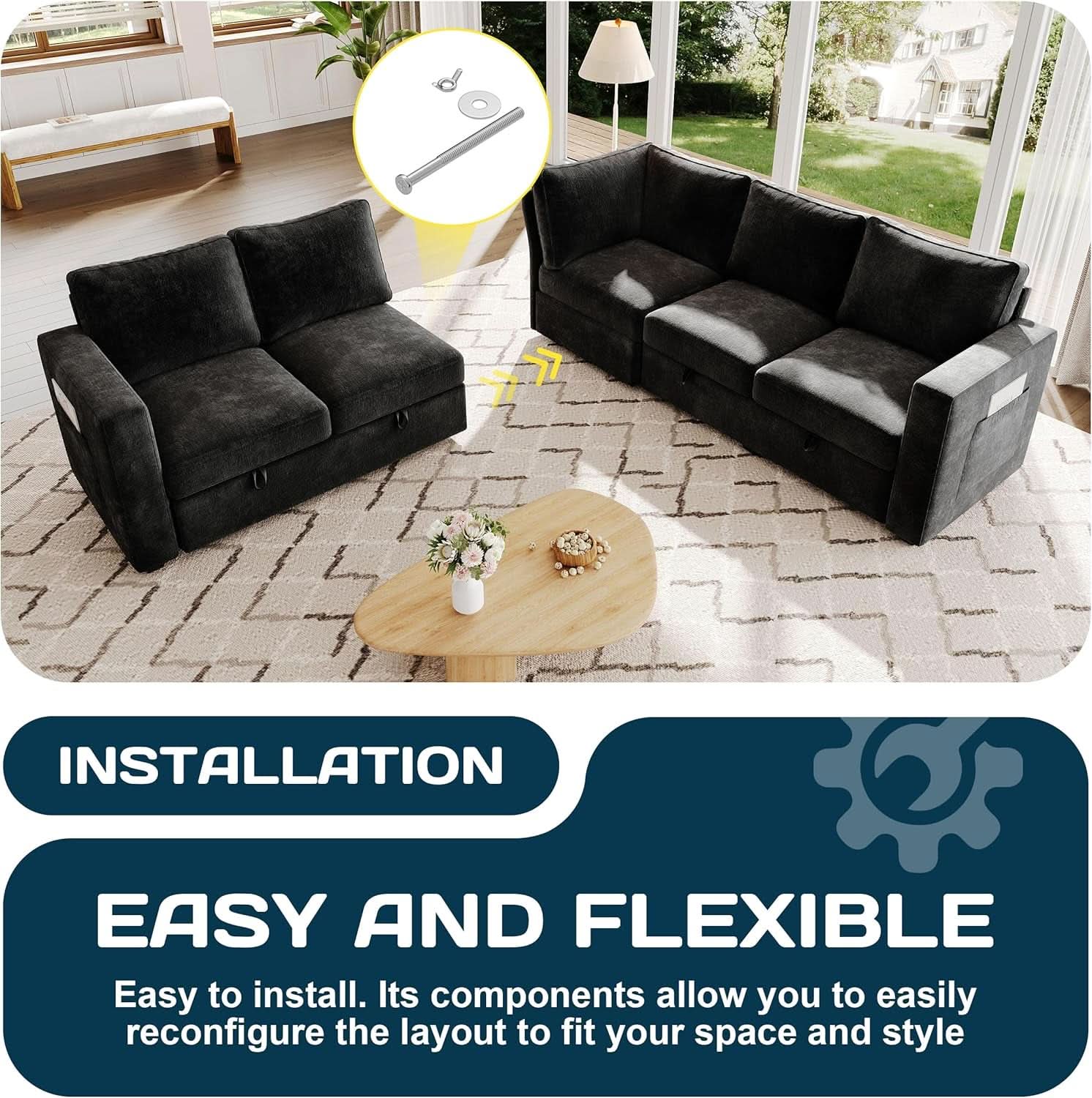 Black 83Inch Deluxe Sleeper Sectional Sofa With Storage