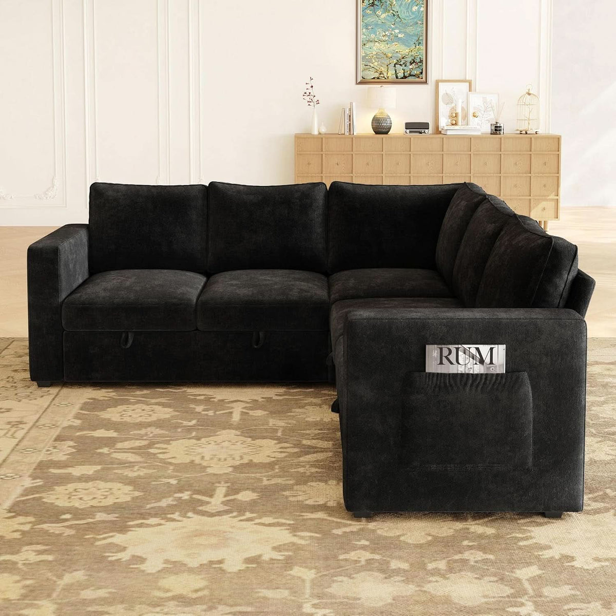 Black 83Inch Deluxe Sleeper Sectional Sofa With Storage