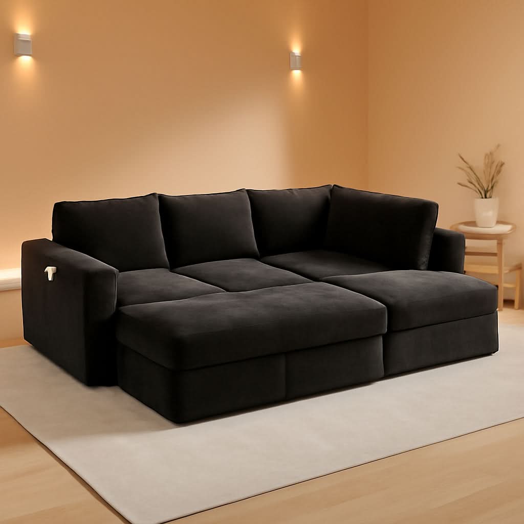 Black 83Inch Deluxe Sleeper Sectional Sofa With Storage