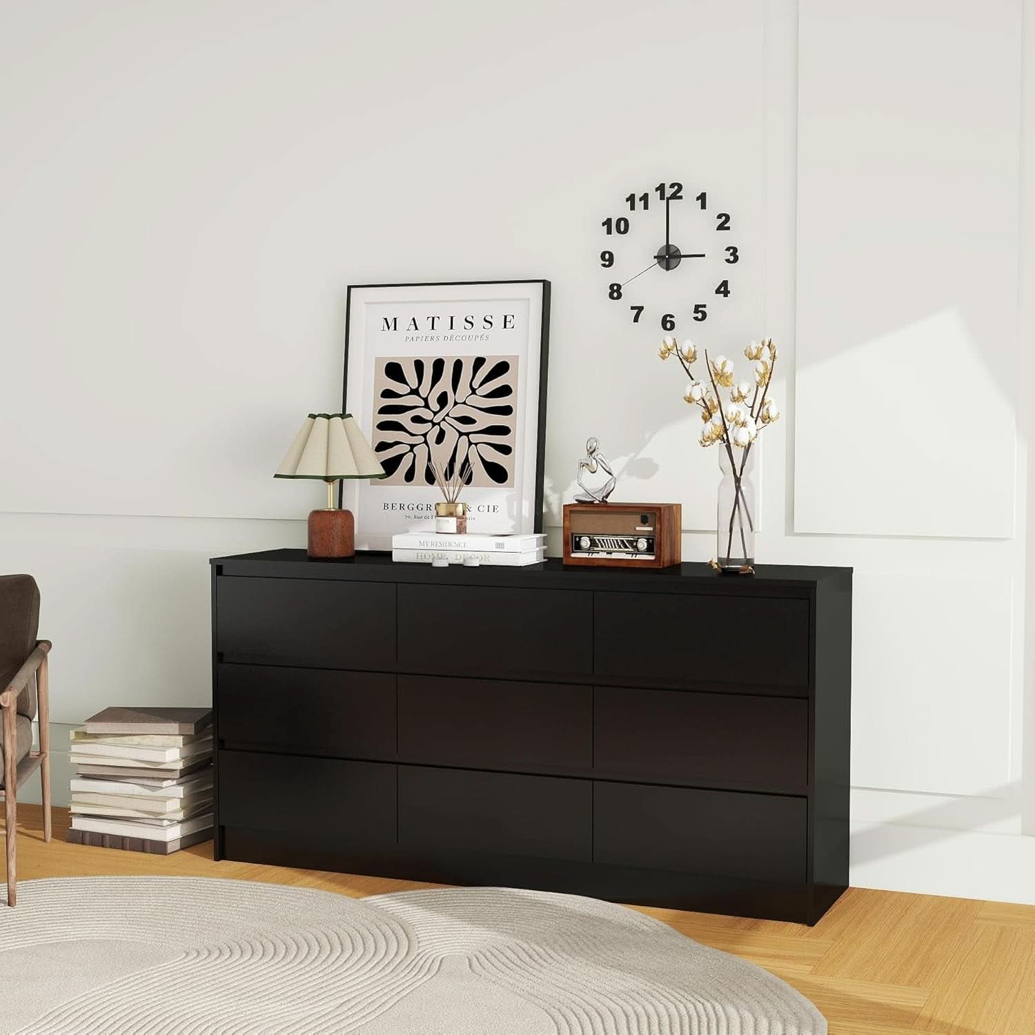 Black 9 Drawer Wood Dresser Cabinet Large For Bedroom