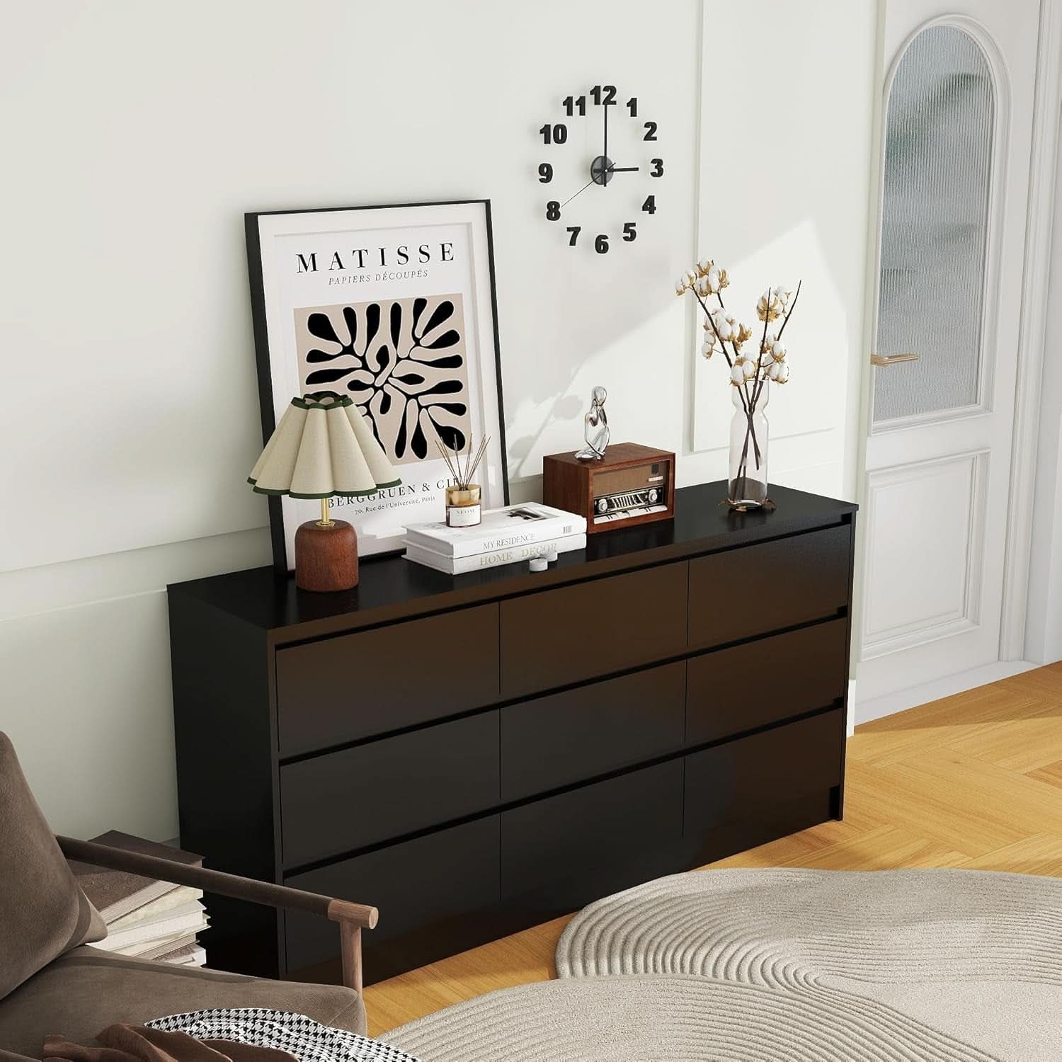 Black 9 Drawer Wood Dresser Cabinet Large For Bedroom