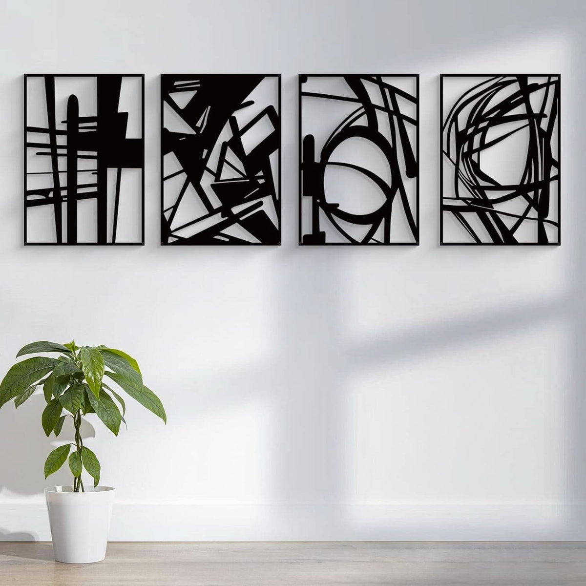 Black Abstract Metal Wall Art 4 Pack Minimalist 3D
