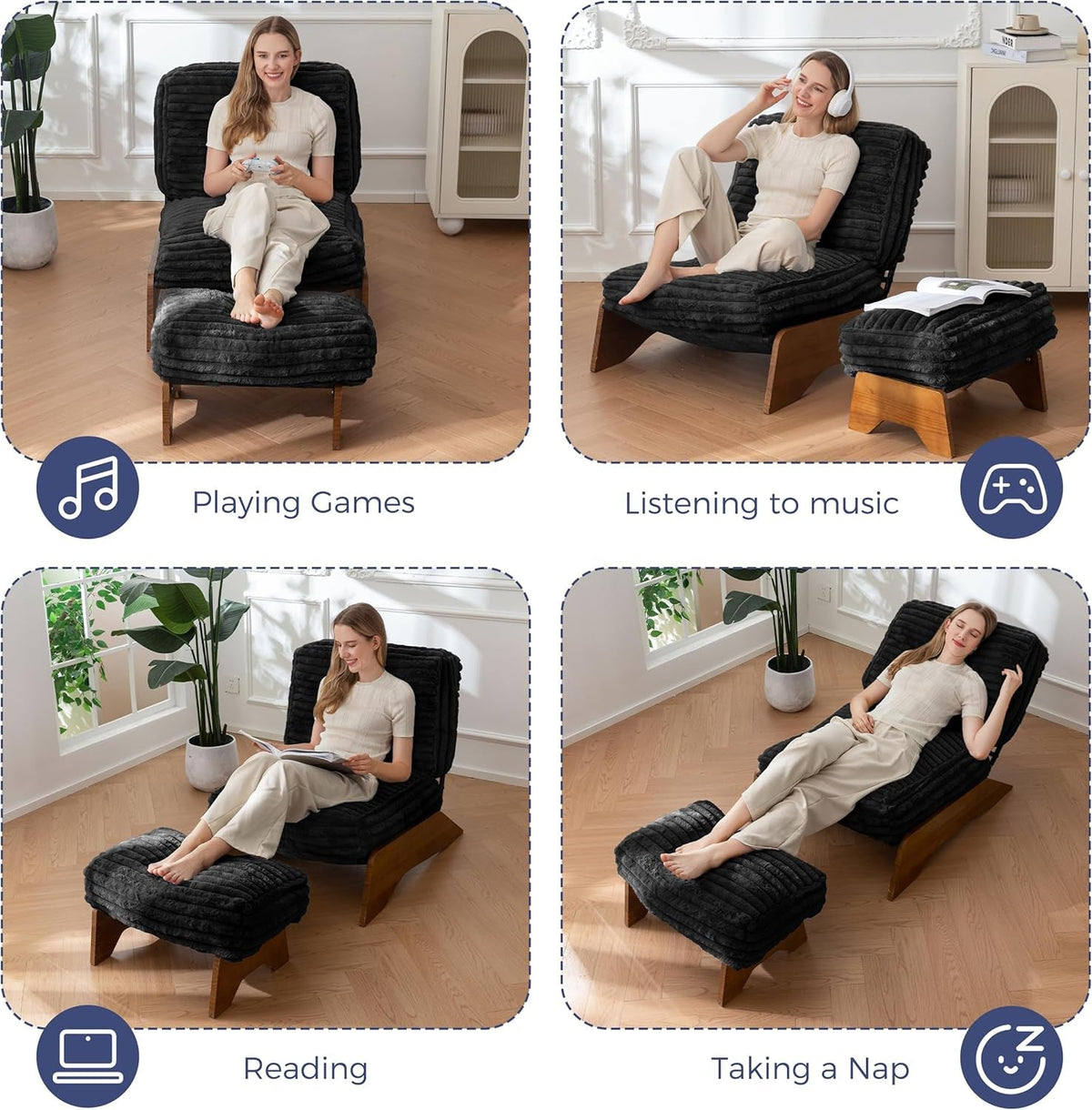 Black Adjustable Accent Chair With Ottoman Footrest
