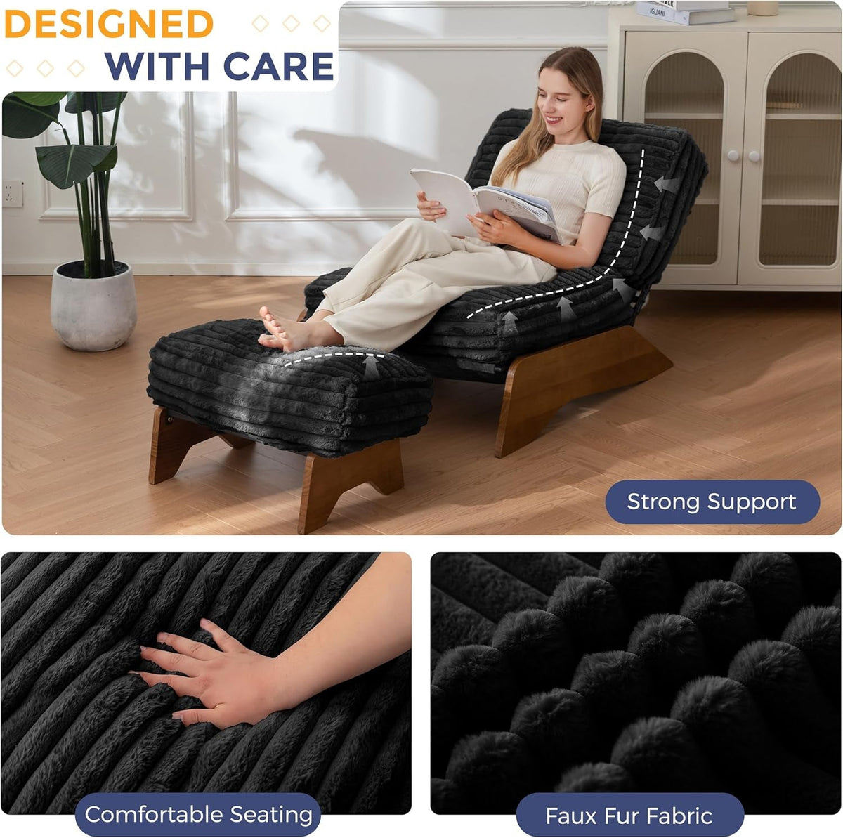 Black Adjustable Accent Chair With Ottoman Footrest