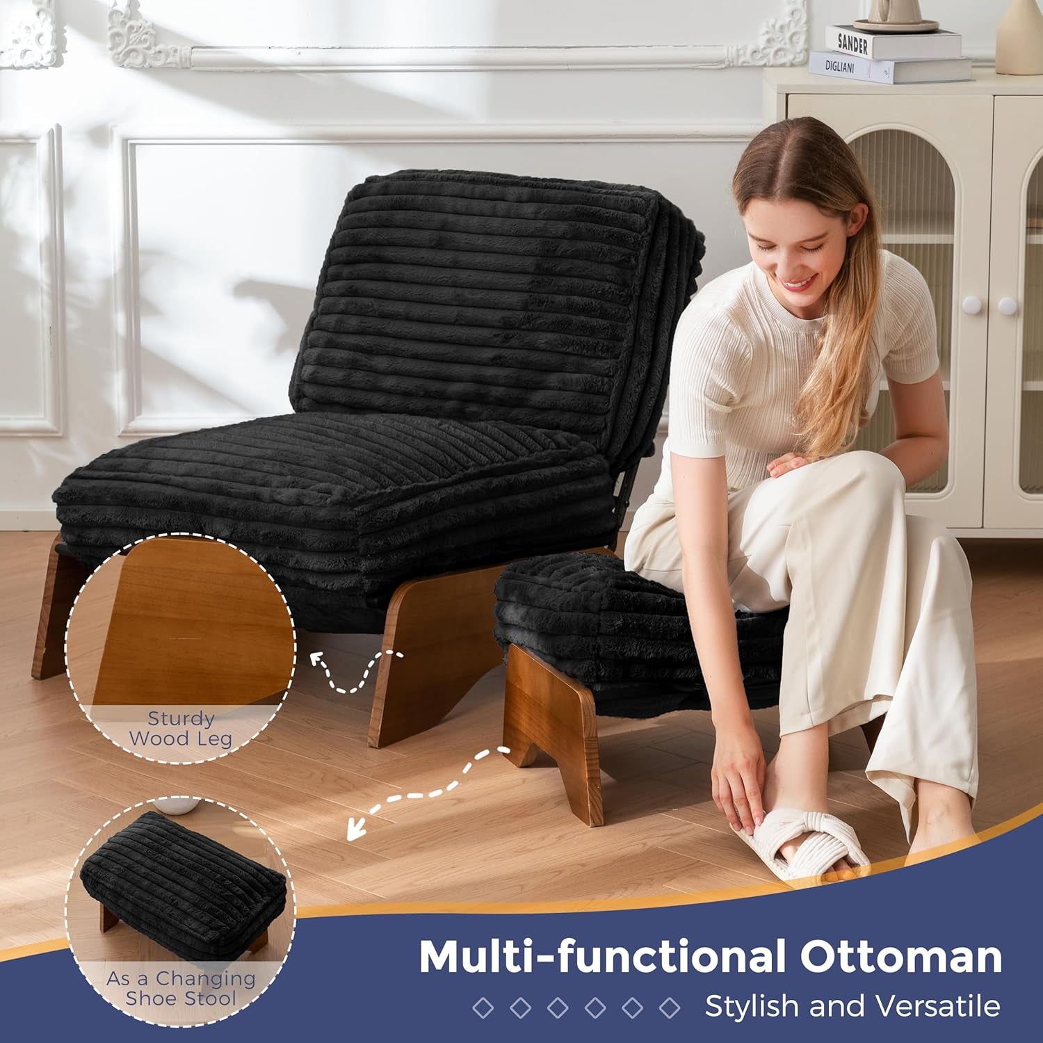 Black Adjustable Accent Chair With Ottoman Footrest