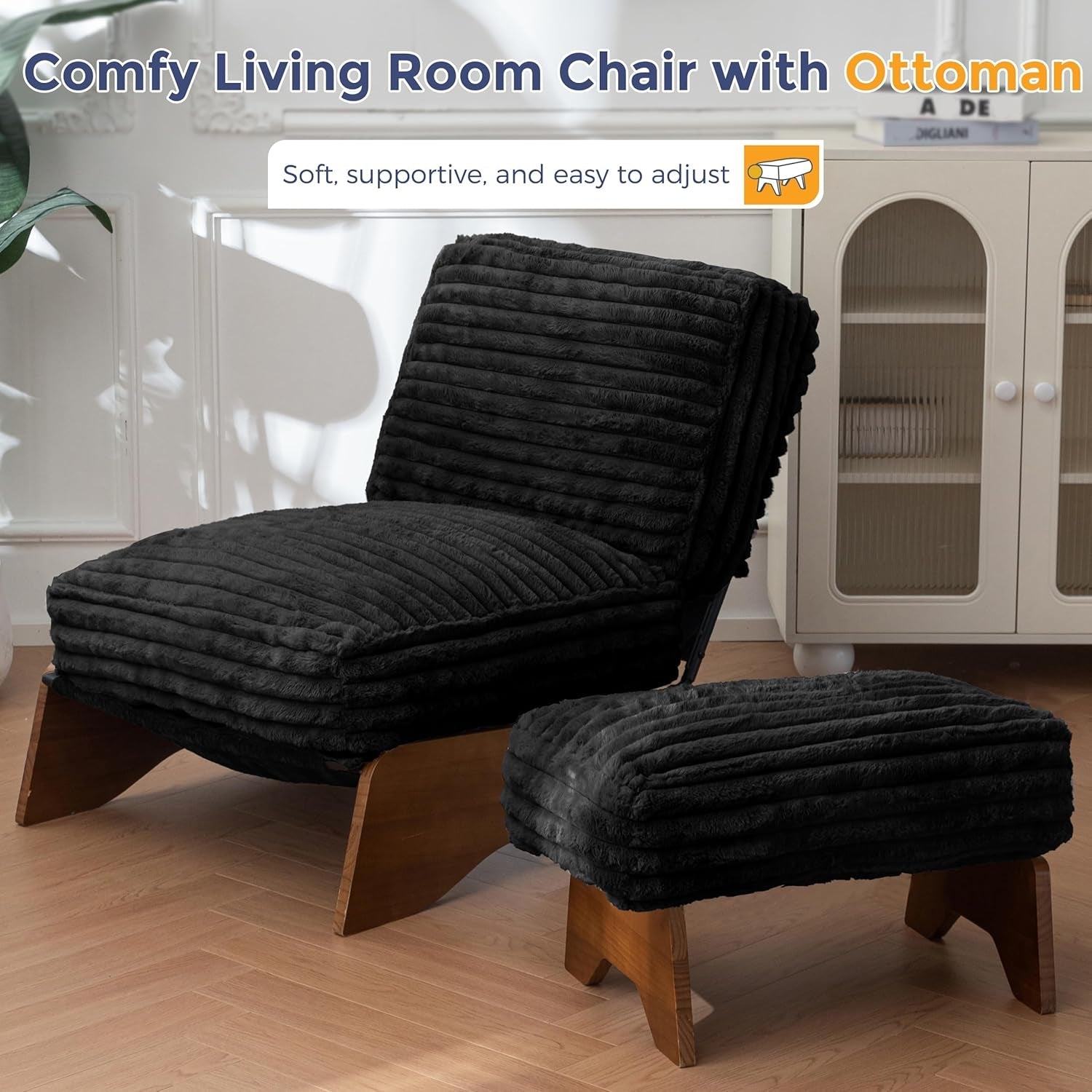 Black Adjustable Accent Chair With Ottoman Footrest