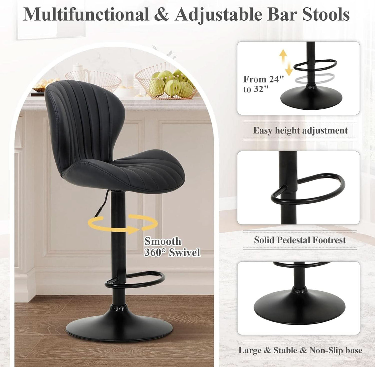 Black Adjustable Faux Leather Swivel Bar Stool Set Of Four