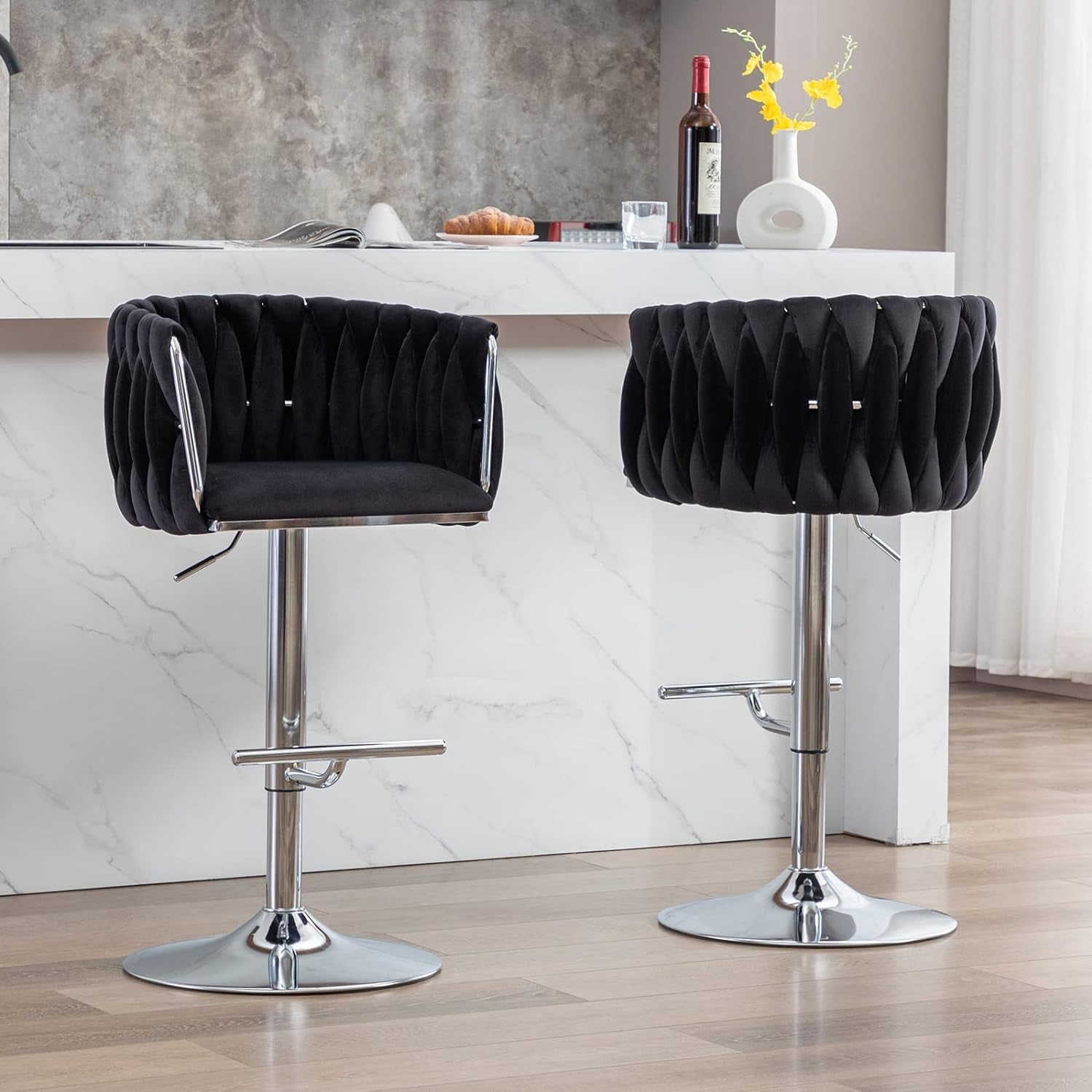 Black Adjustable Swivel Bar Stools Set Of 2 For Kitchen