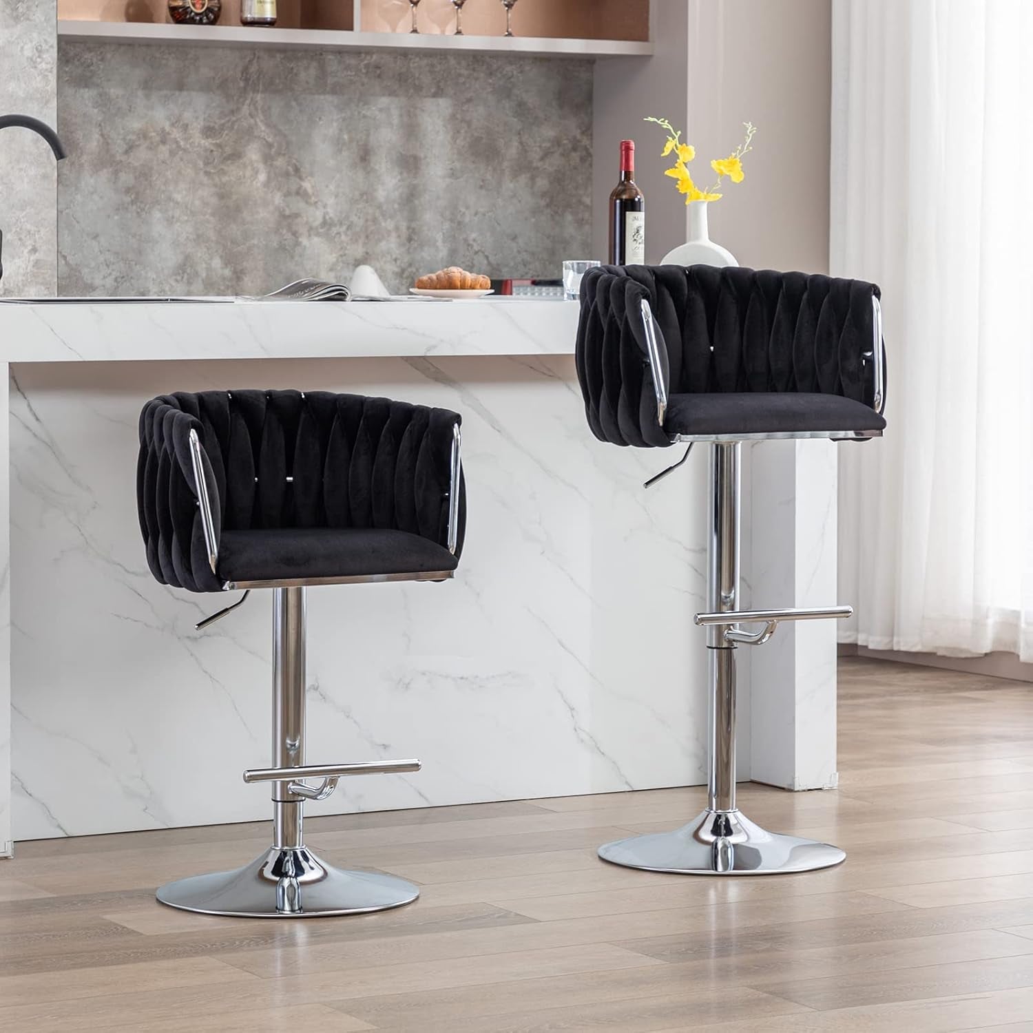 Black Adjustable Swivel Bar Stools Set Of 2 For Kitchen