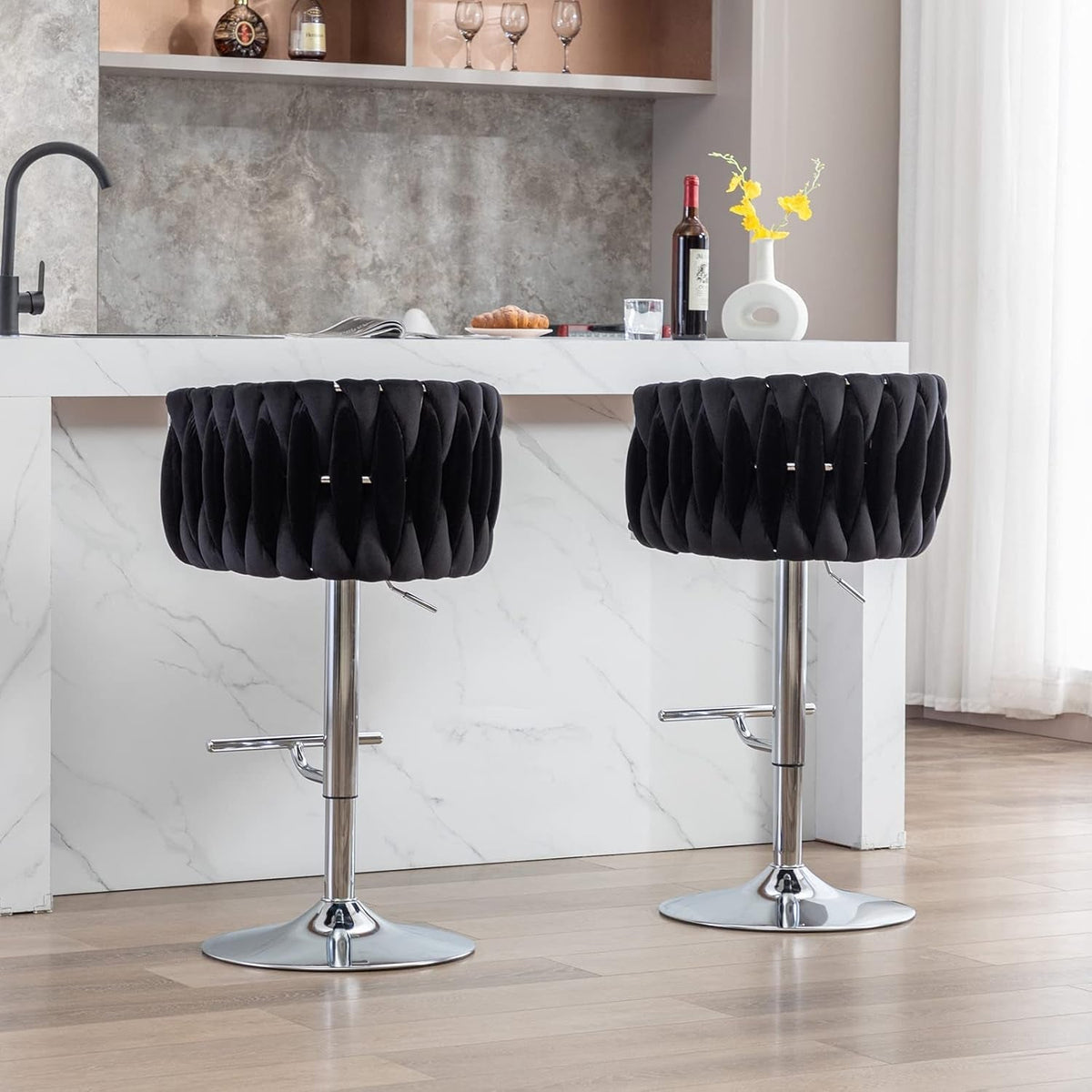 Black Adjustable Swivel Bar Stools Set Of 2 For Kitchen