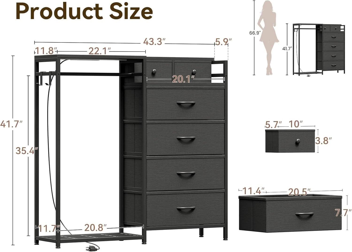 Black All In One Dresser With Clothes Rack Storage