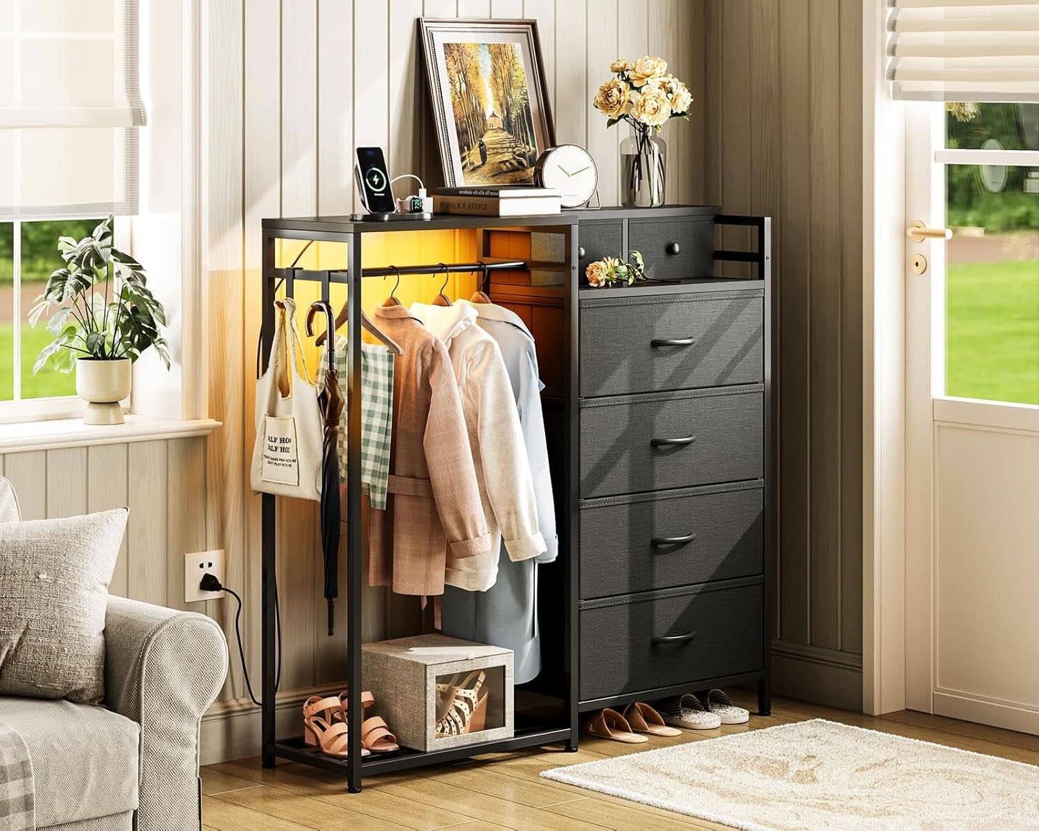 Black All In One Dresser With Clothes Rack Storage