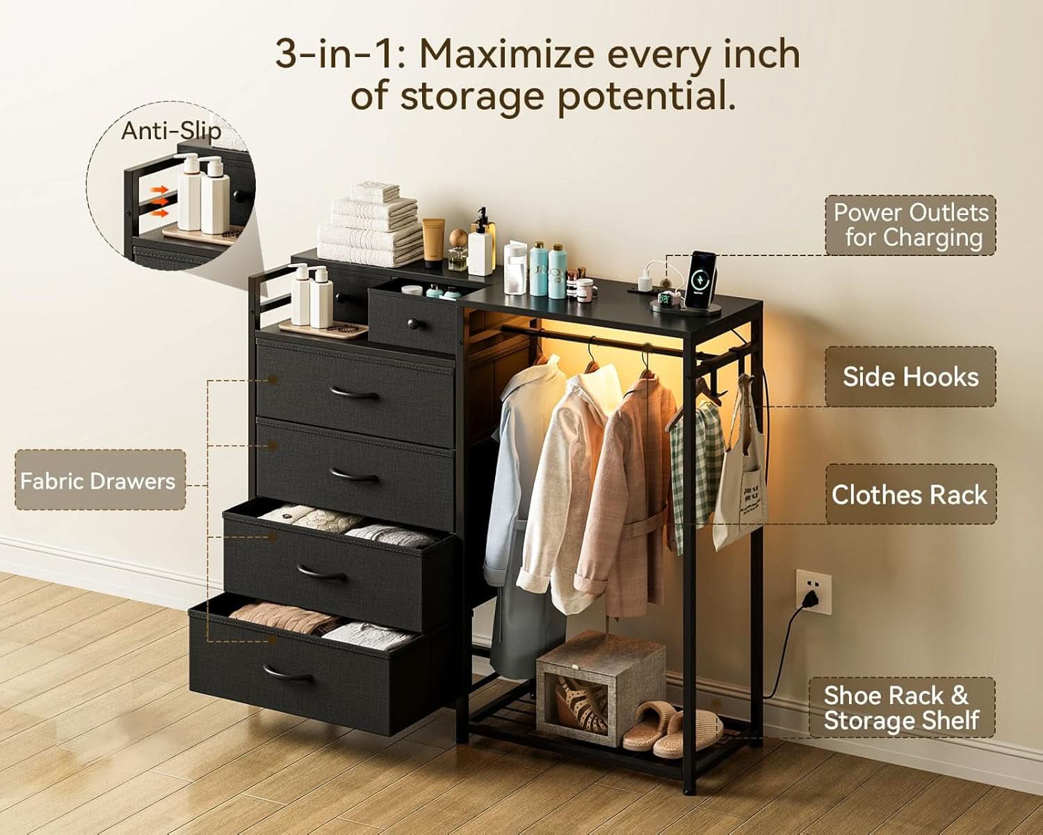 Black All In One Dresser With Clothes Rack Storage