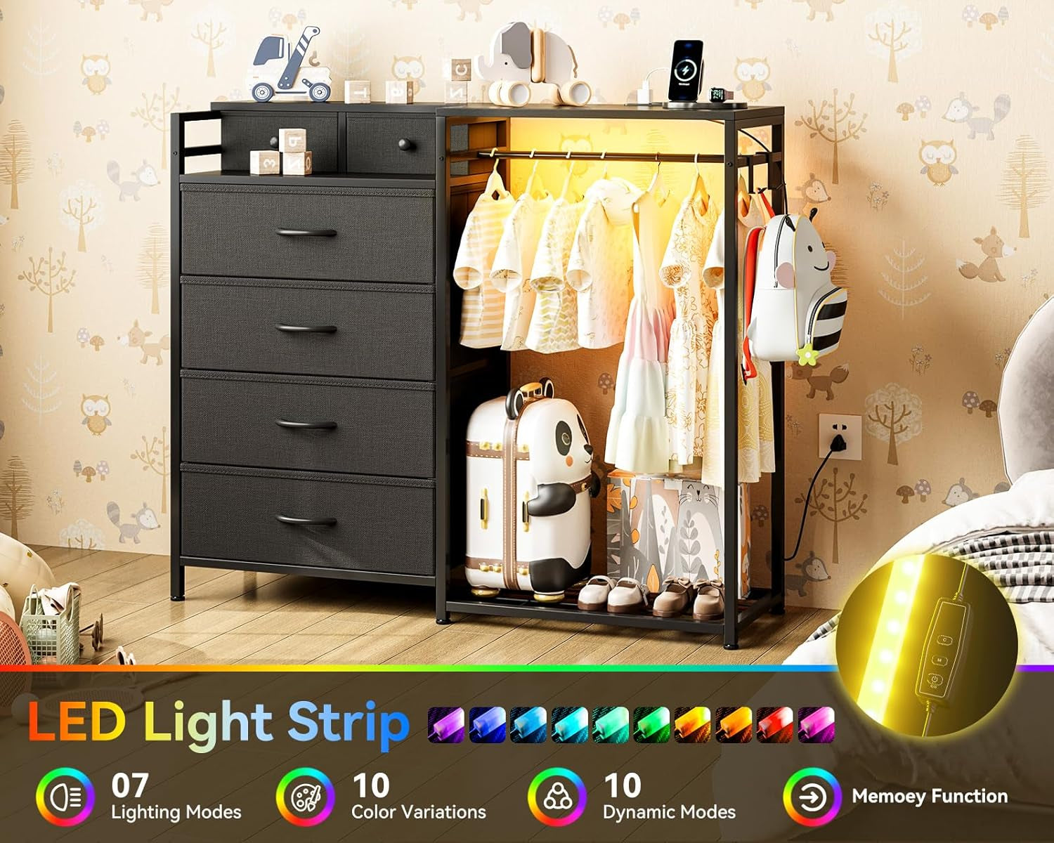 Black All In One Dresser With Clothes Rack Storage