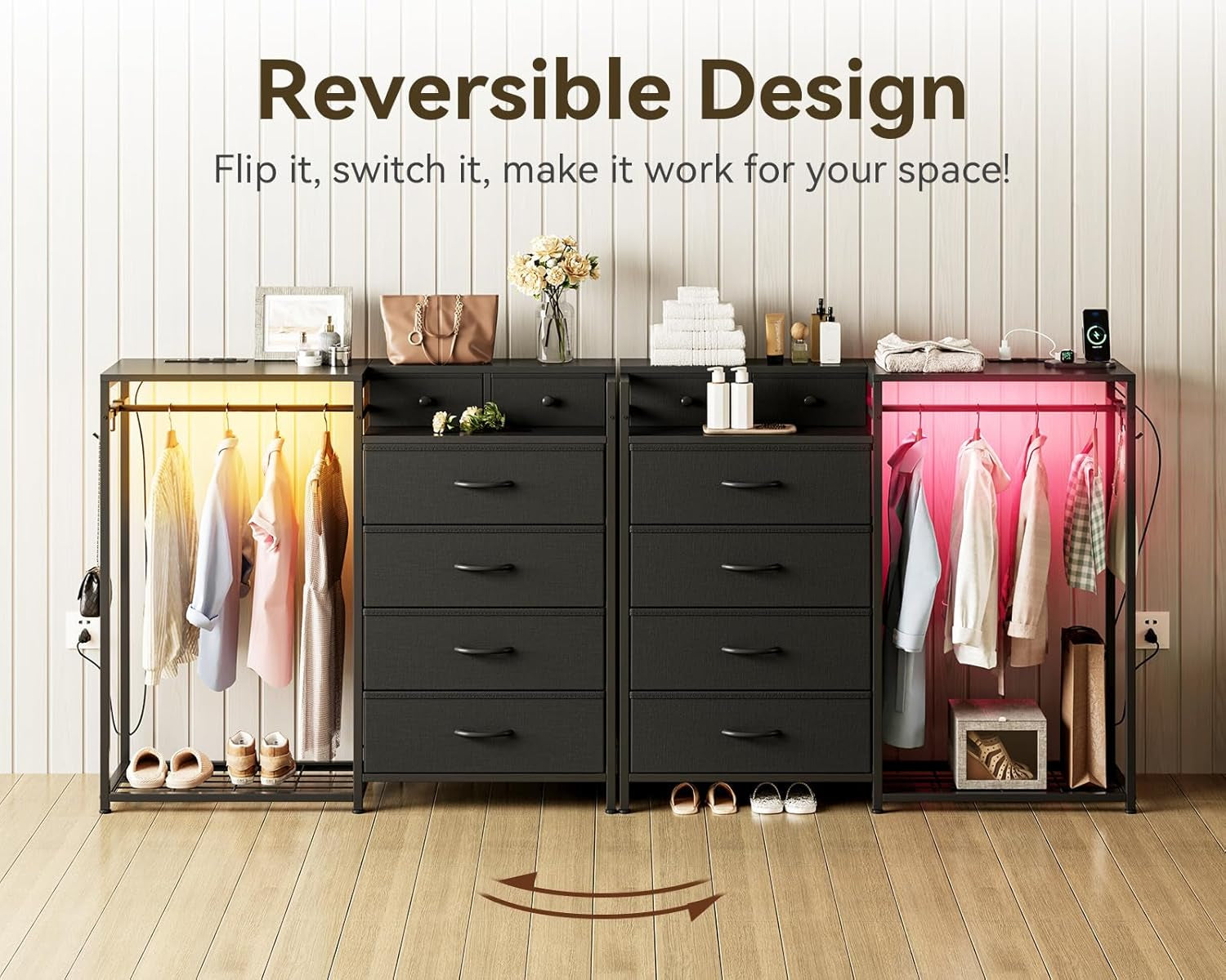 Black All In One Dresser With Clothes Rack Storage
