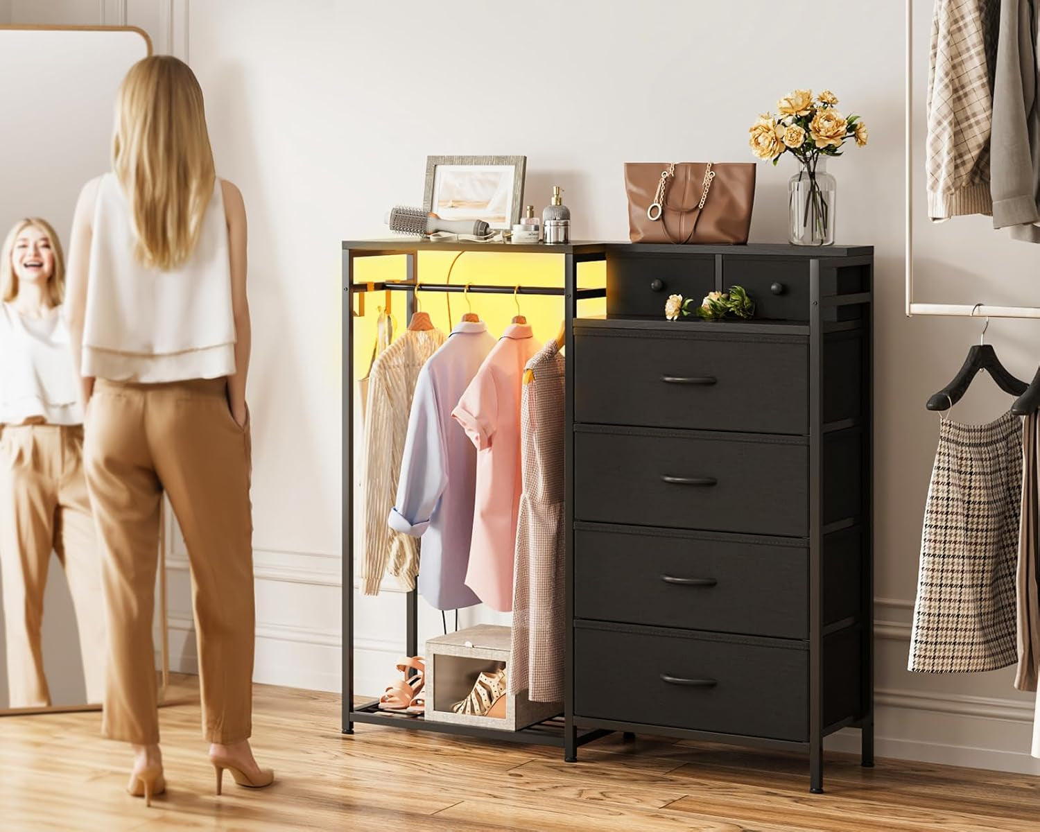 Black All In One Dresser With Clothes Rack Storage