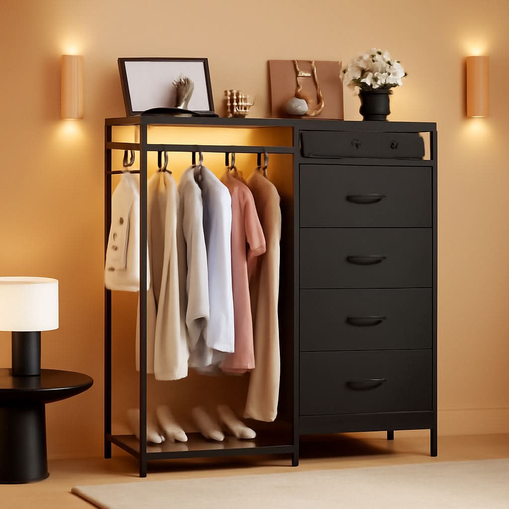 Black All In One Dresser With Clothes Rack Storage