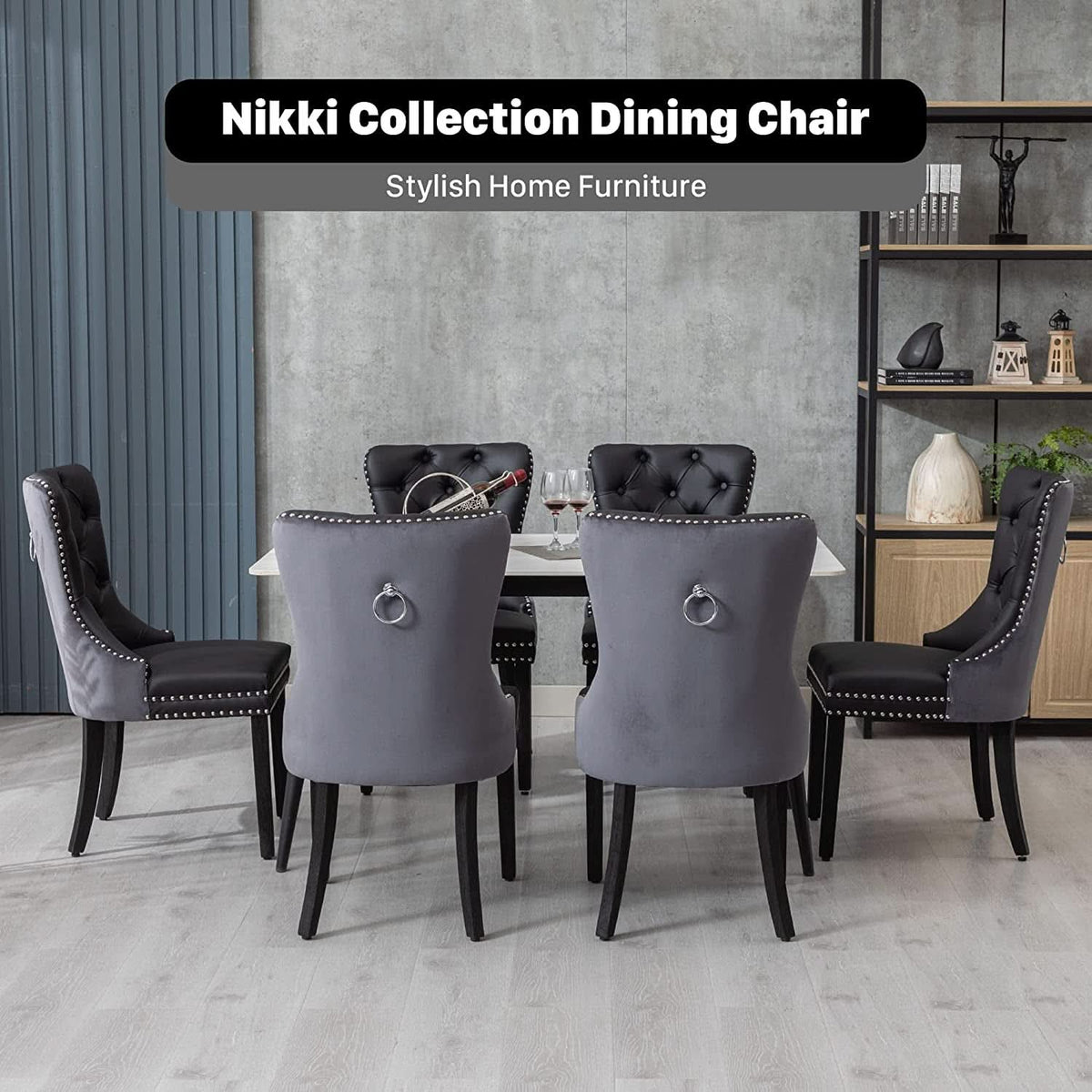 Black And Dark Grey Velvet Dining Chairs Set Of 6 With Nailhead Trim Pull Ring