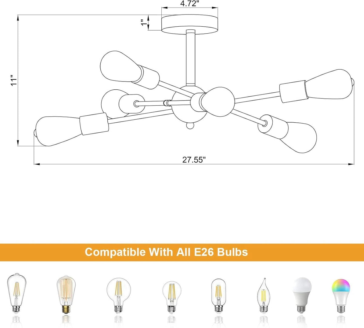 Black And Gold 6 Light Sputnik Ceiling Chandelier Semi Flush Mount UL Listed