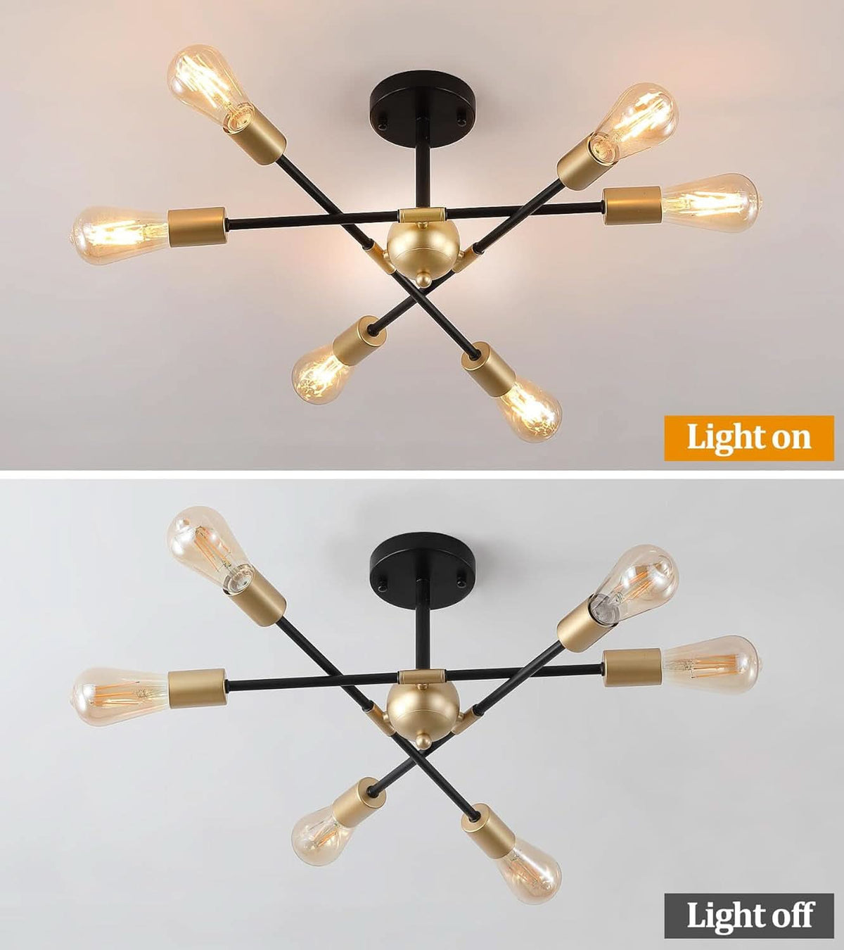 Black And Gold 6 Light Sputnik Ceiling Chandelier Semi Flush Mount UL Listed