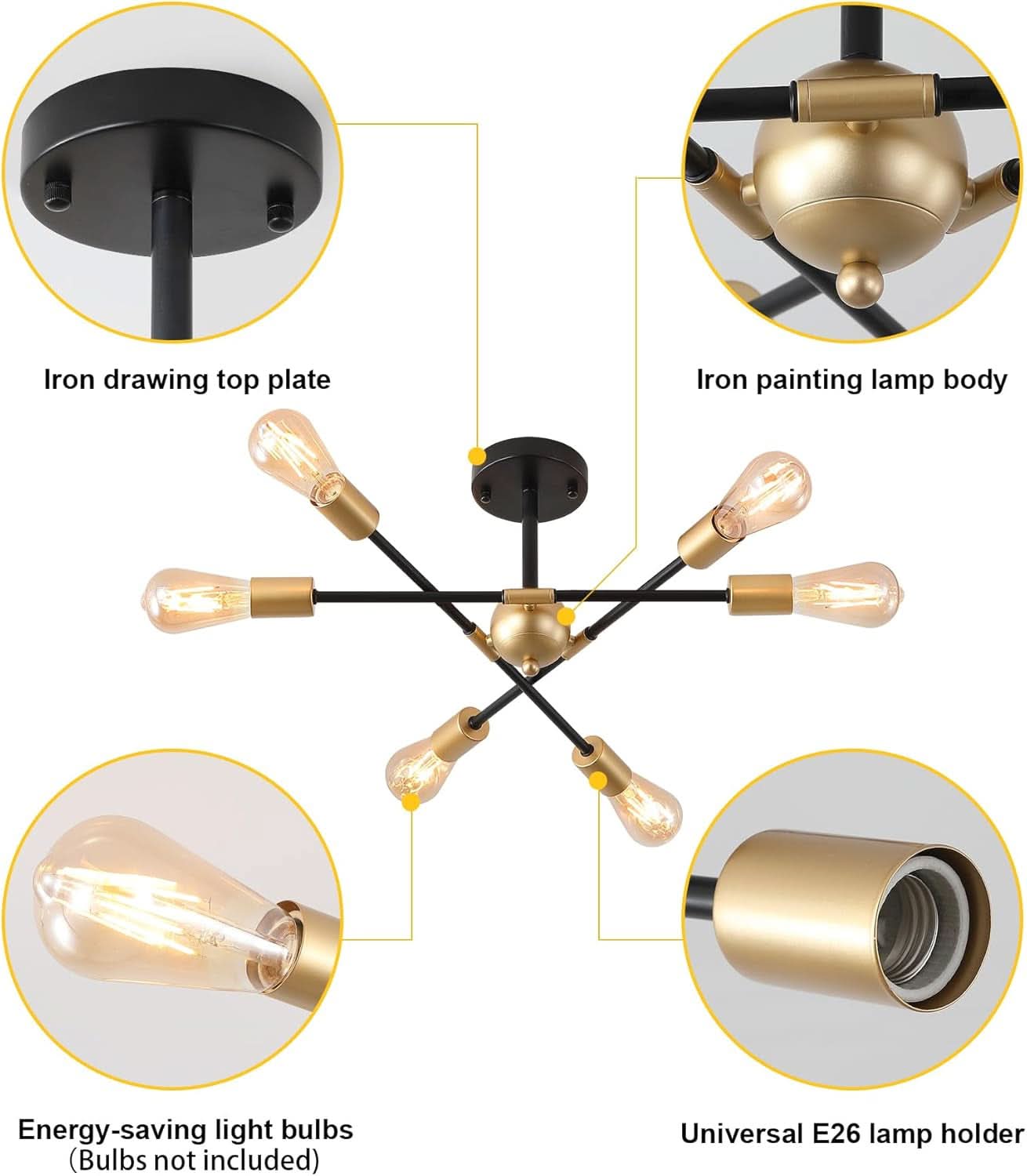 Black And Gold 6 Light Sputnik Ceiling Chandelier Semi Flush Mount UL Listed