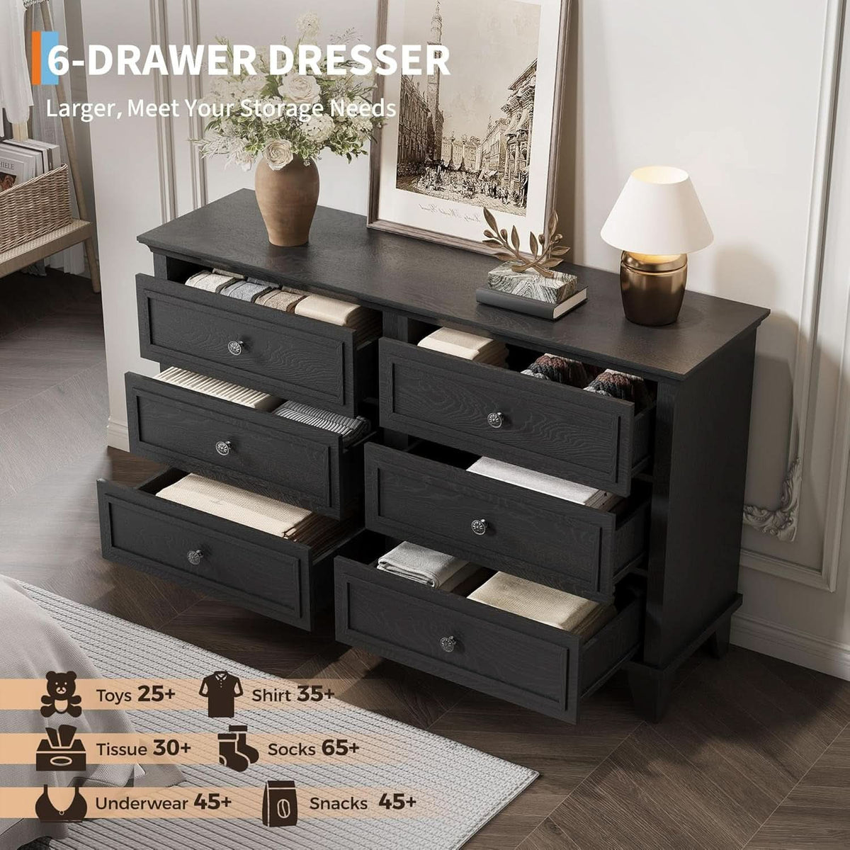 Black Antiqued Traditional Six Drawer Dresser Chest